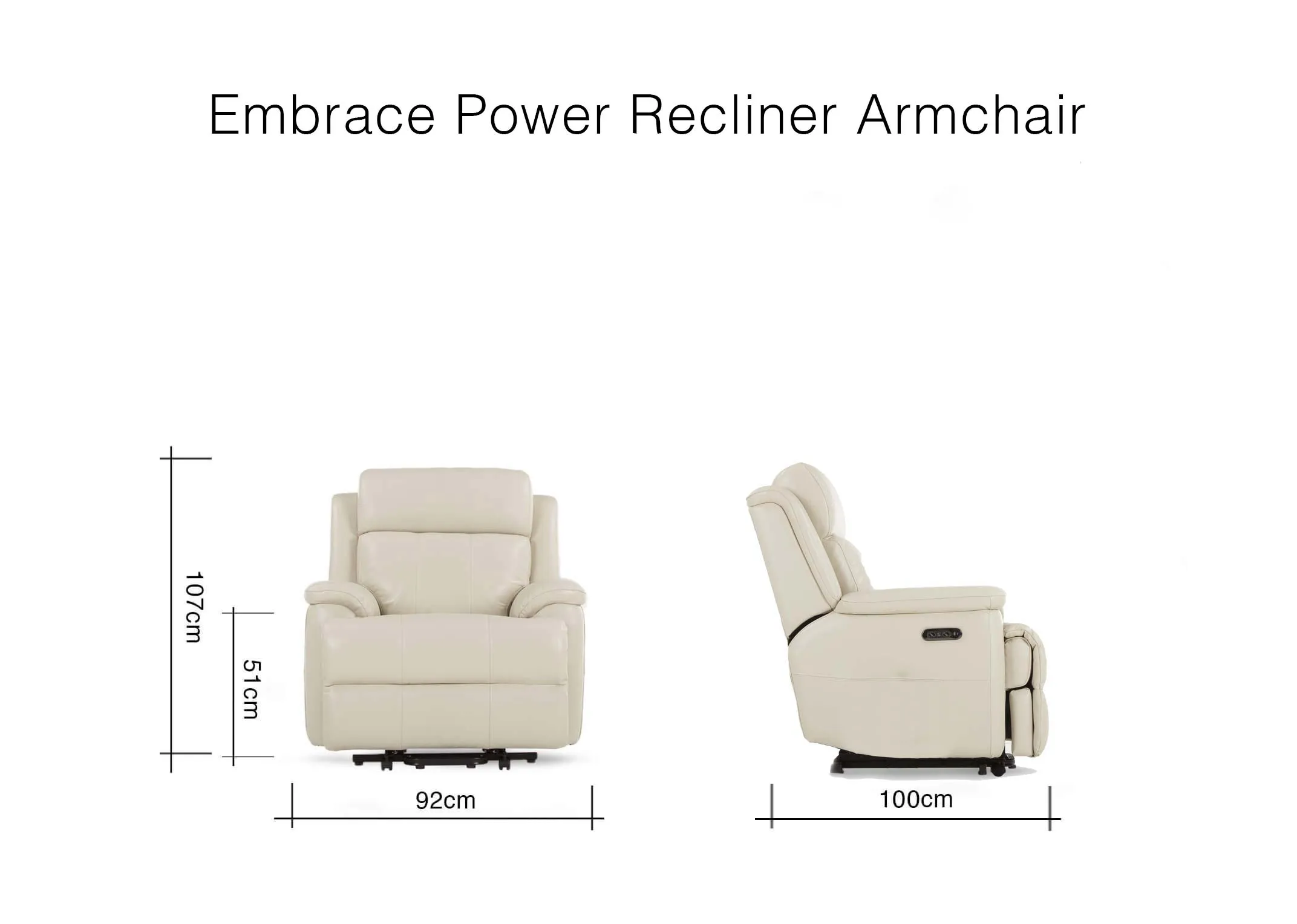 A dimension image of the Embrace Power Recliner with 92cm (width) x 100cm (depth) x 107cm (Height) x 51cm (seat)