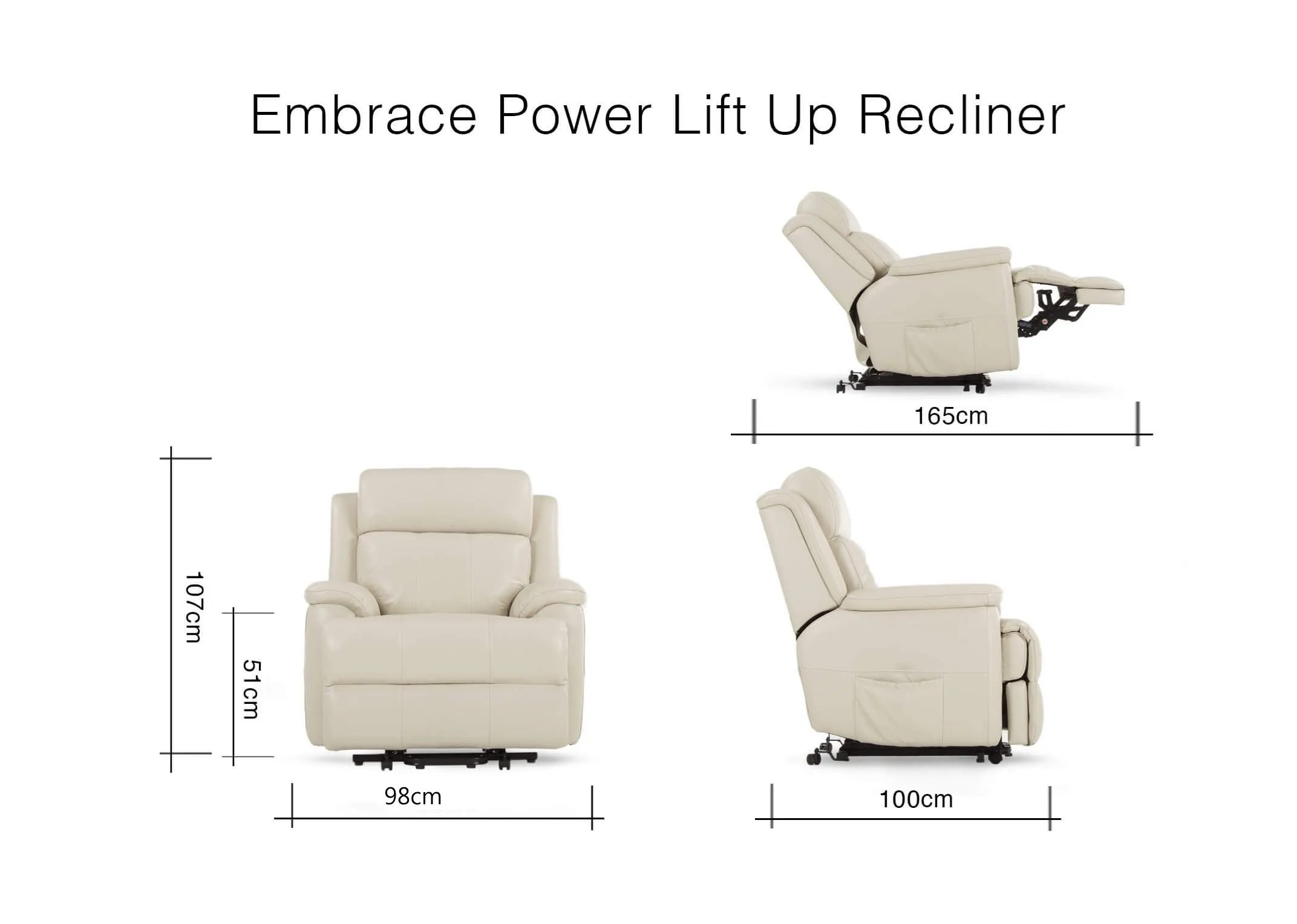 A dimension image of the Embrace Recliner with 98cm (Width) x 107cm (Height) x 100cm (Depth)