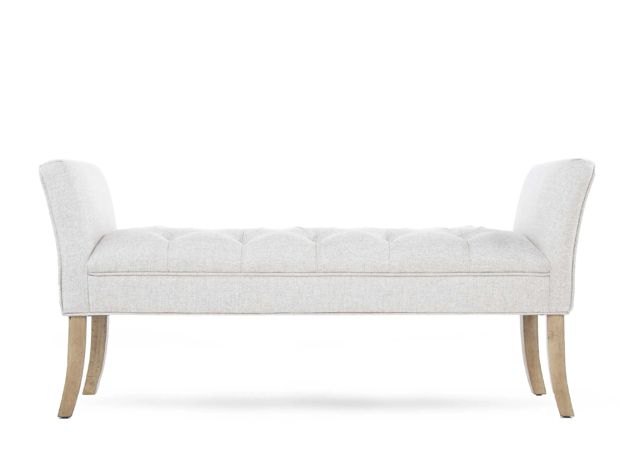 A silver grey linen bedroom bench with arms & oak legs from EZ Living Furniture's Cancun range. Front view of bench length