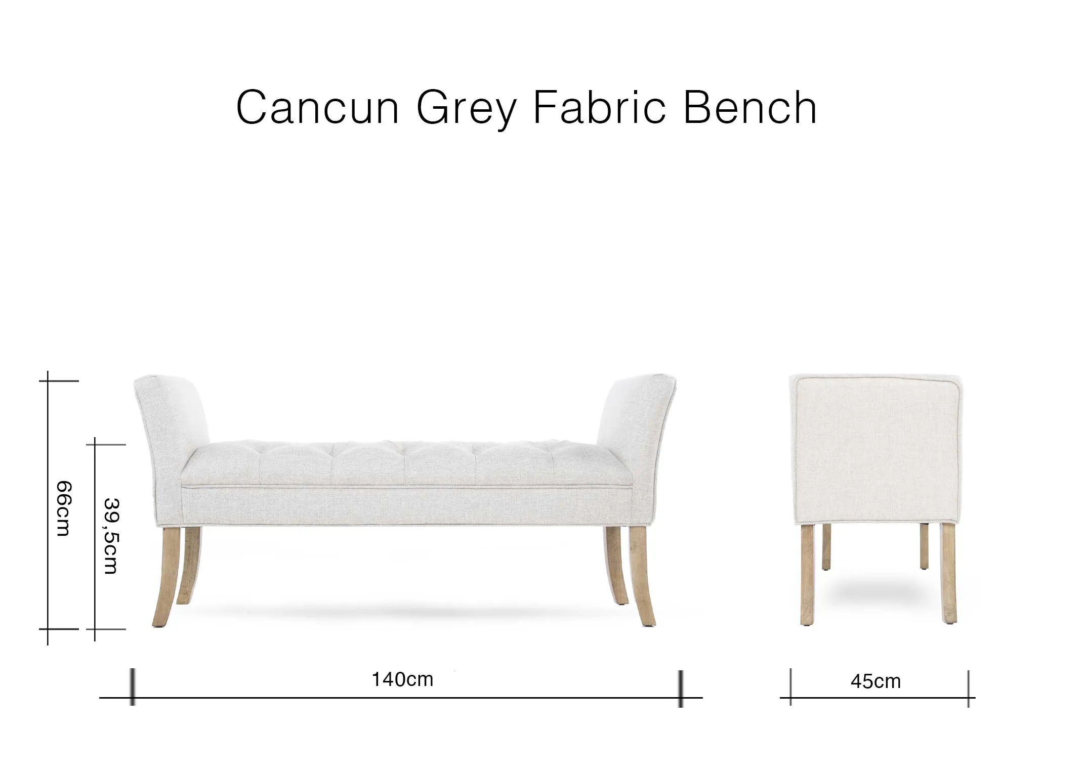 A dimension image of the Cancun Silver grey bench with 140cm (Width) x 45cm (Depth) x 66cm (Height) x 39.5cm (SH)