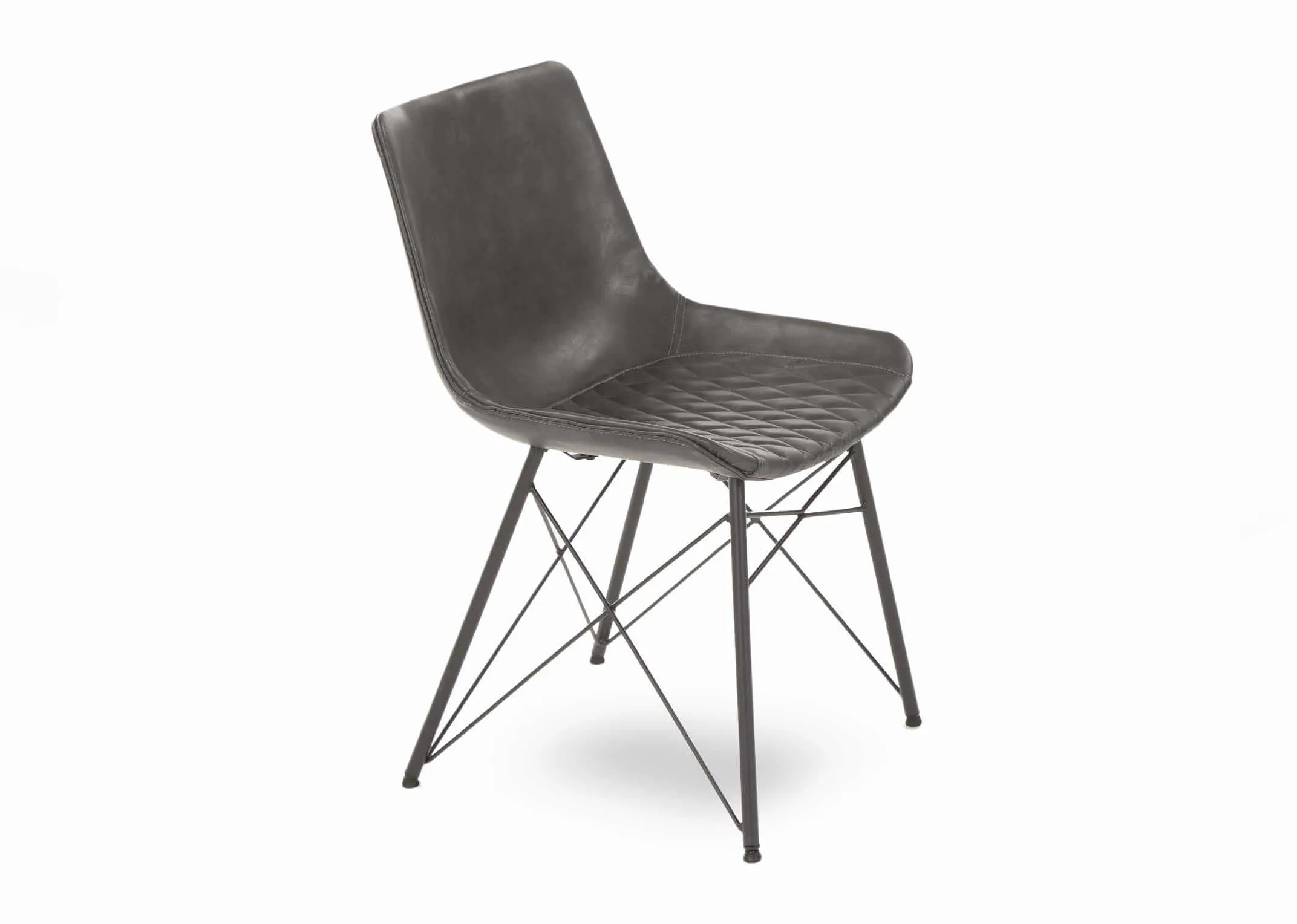 A grey faux leather dining chair with metal legs from EZ Living Furnitures Leo range. Angled view.