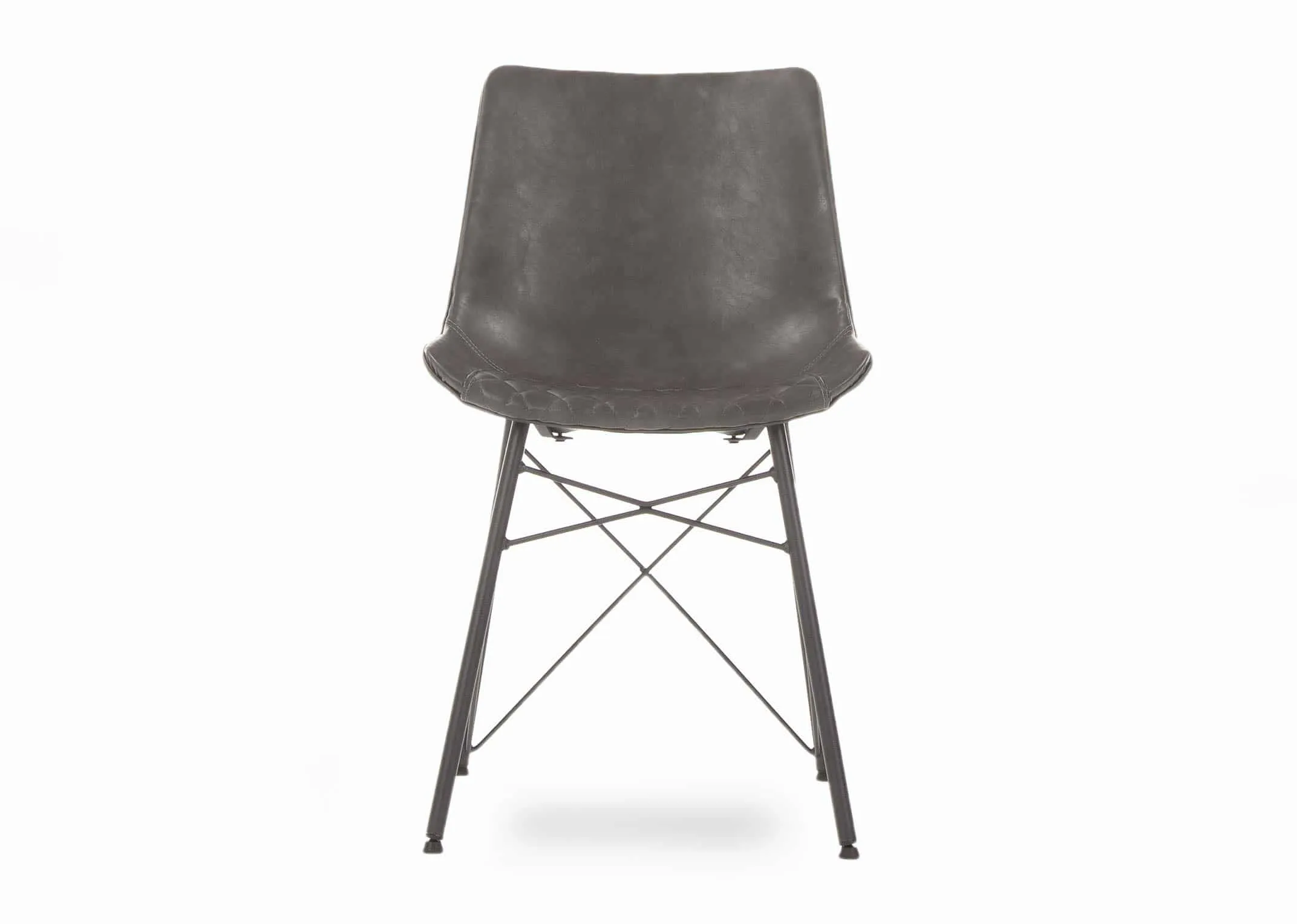 A grey faux leather dining chair with metal legs from EZ Living Furnitures Leo range. Front view with pattern seat