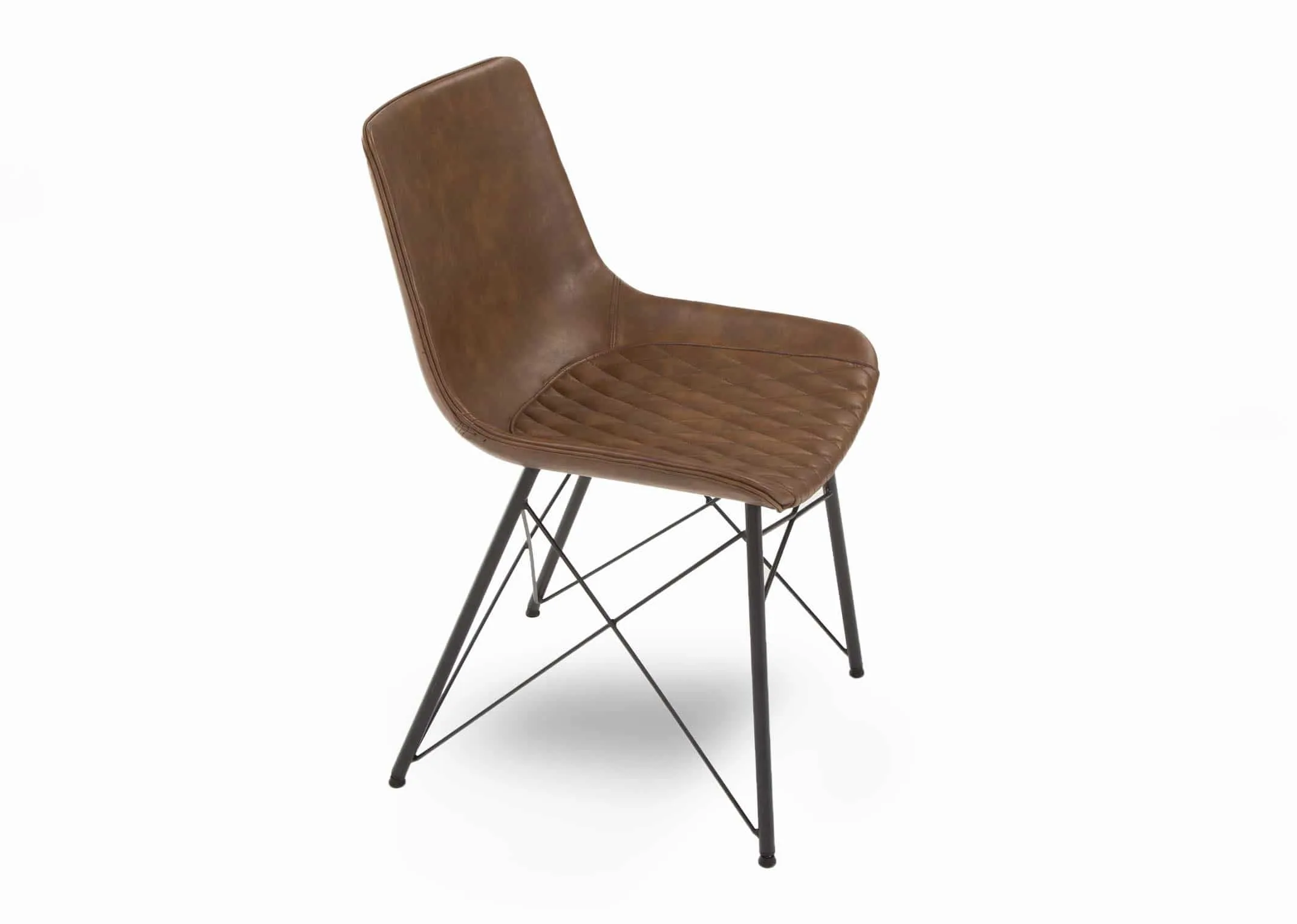 A tan brown faux leather dining chair with black metal legs from EZ Living Furnitures Leo range. Angled view