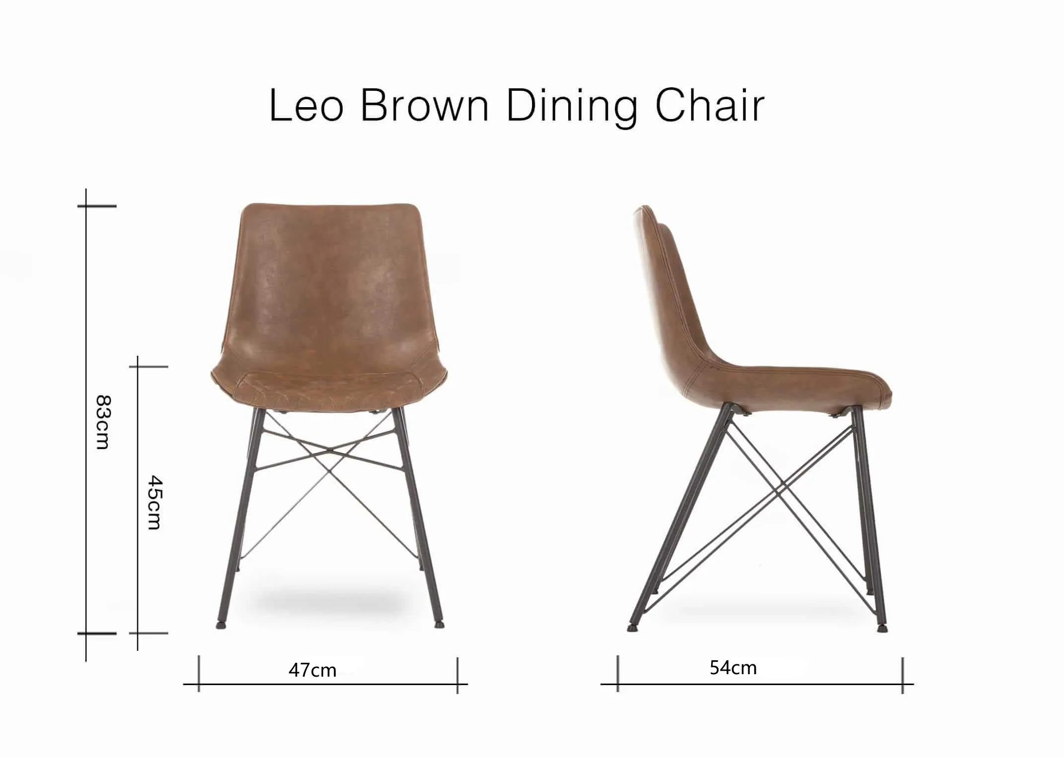 A dimension image of the Leo Brown Dining Chair with 47cm (Width) x 54cm (Depth) x 83cm (Height) x 45cm (Seat)