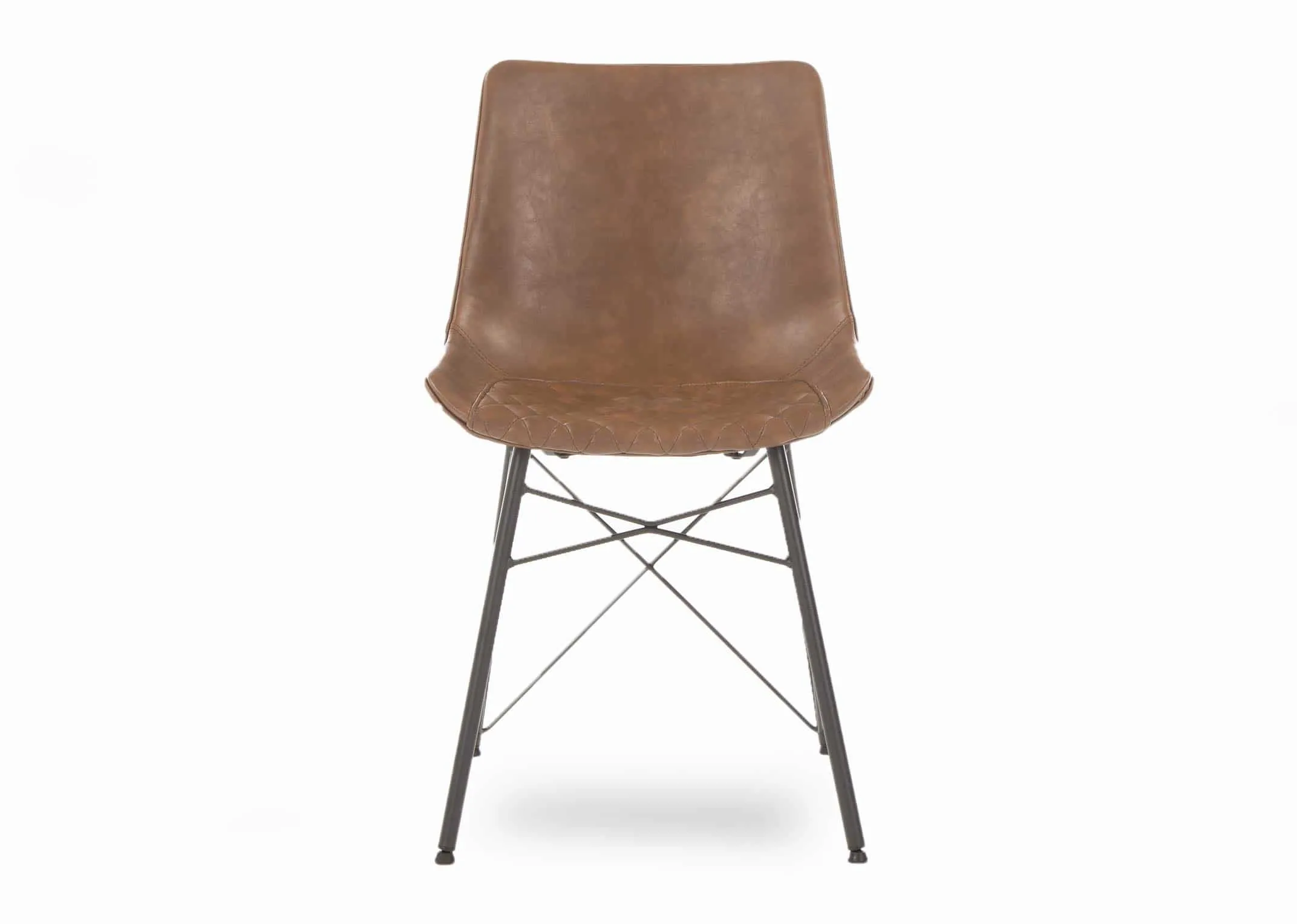 A tan brown faux leather dining chair with black metal legs from EZ Living Furnitures Leo range. Front view showing pattern