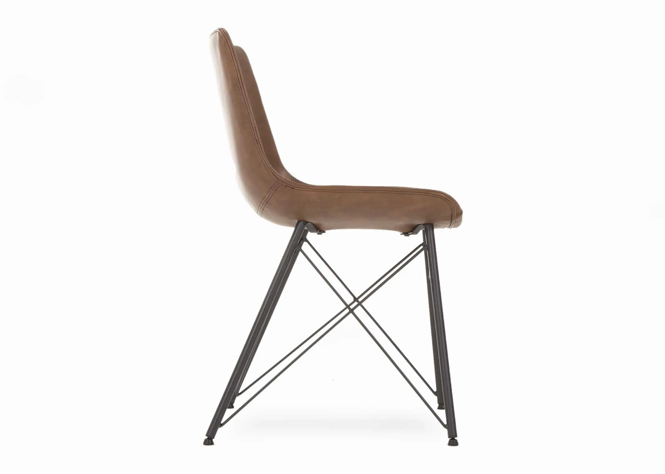A tan brown faux leather dining chair with black metal legs from EZ Living Furnitures Leo range. Side view showing X Legs