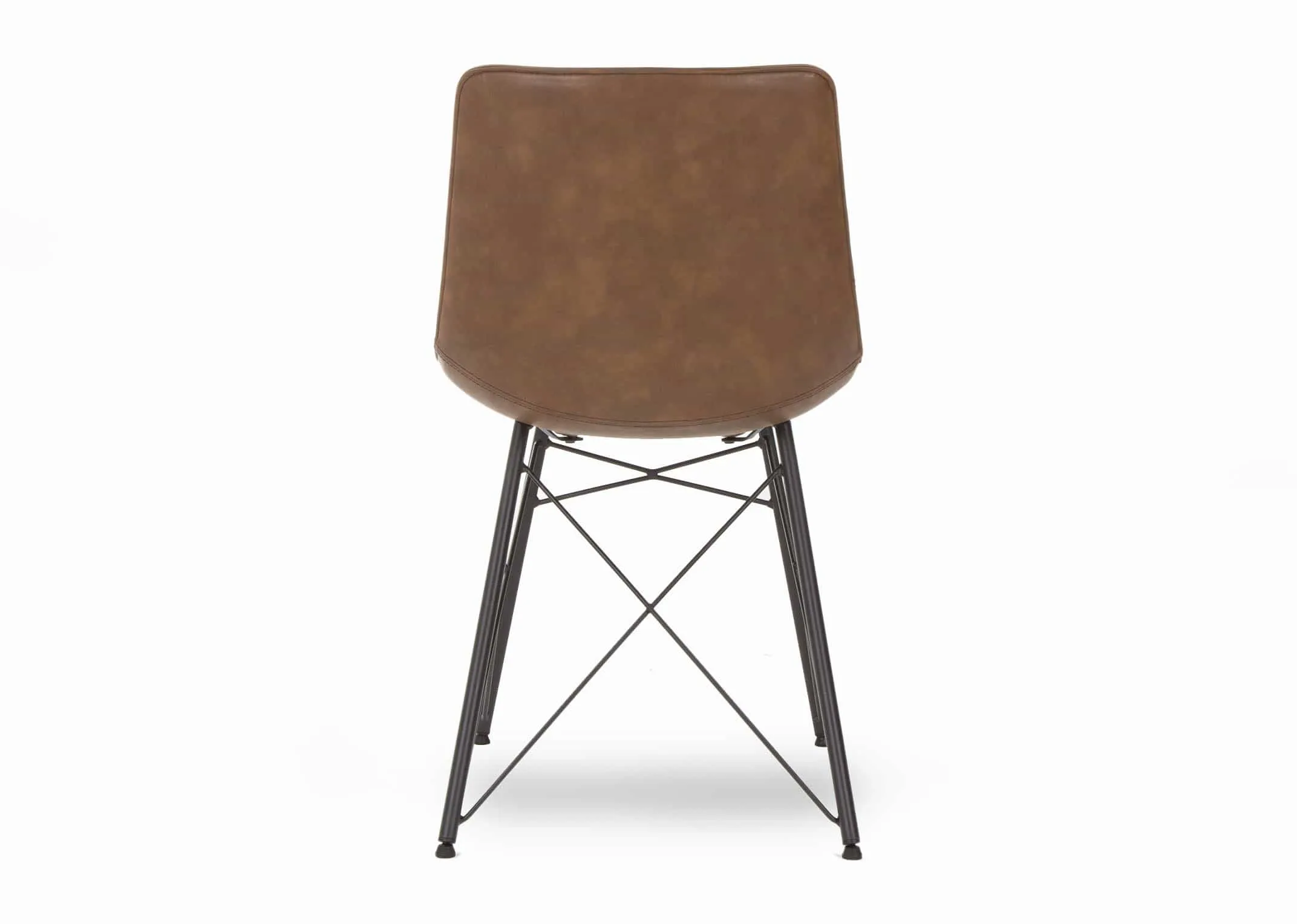 A tan brown faux leather dining chair with black metal legs from EZ Living Furnitures Leo range. Back view of comfy seat