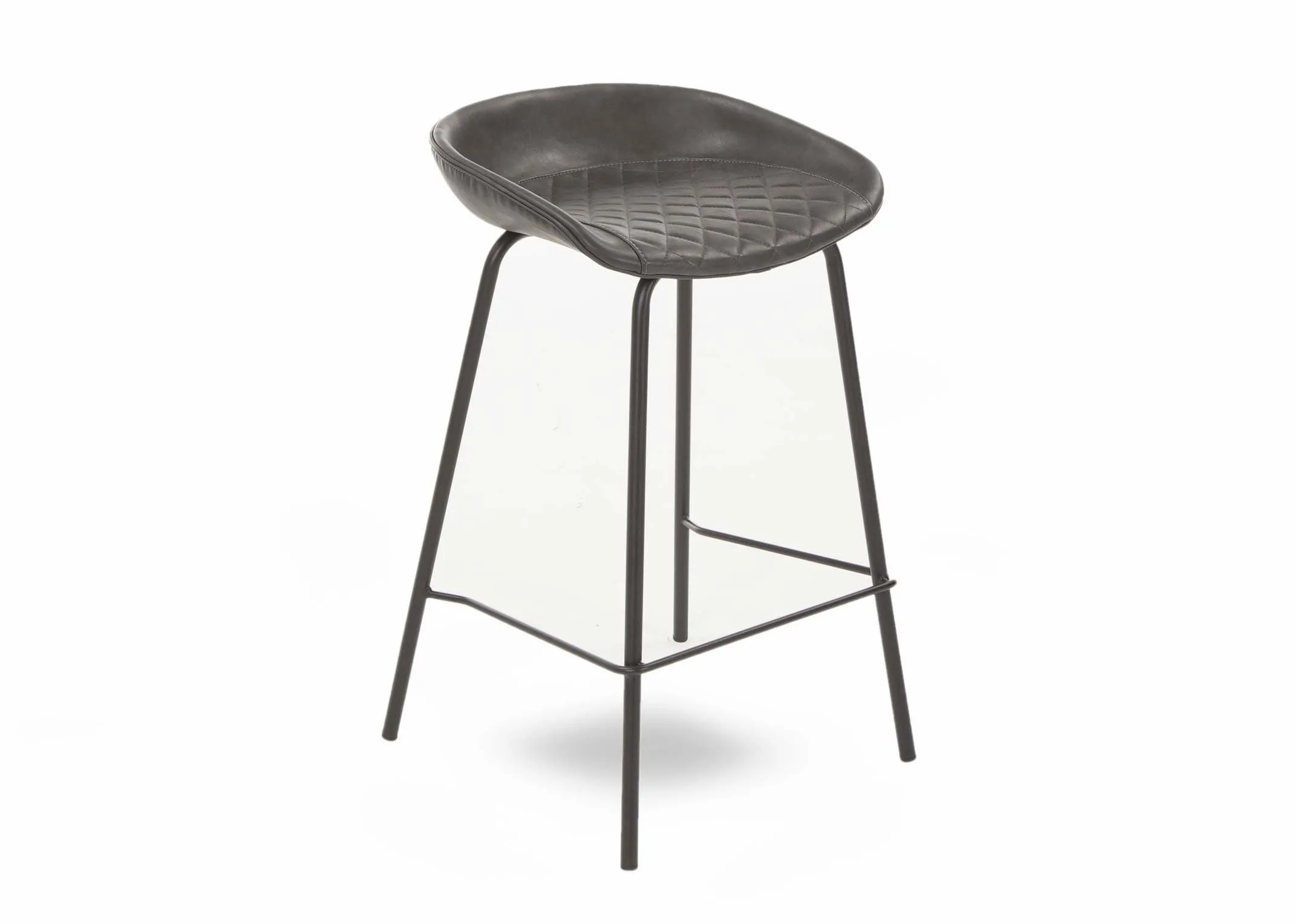 A grey faux leather seat bar stool with metal legs from EZ Living Furniture's Jensen range. Angled view.