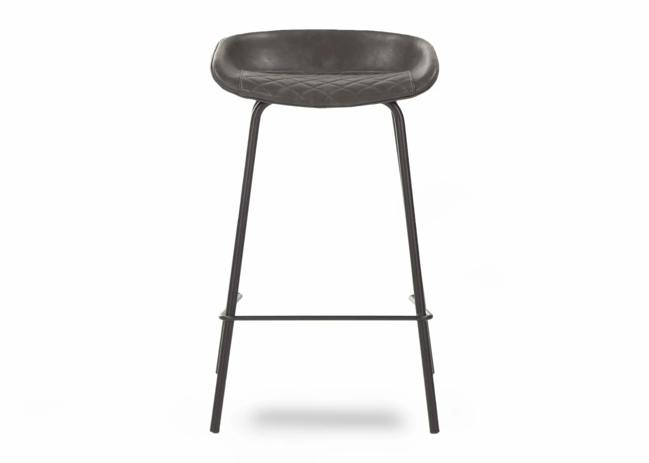 A grey faux leather seat bar stool with metal legs from EZ Living Furniture's Jensen range. Front view