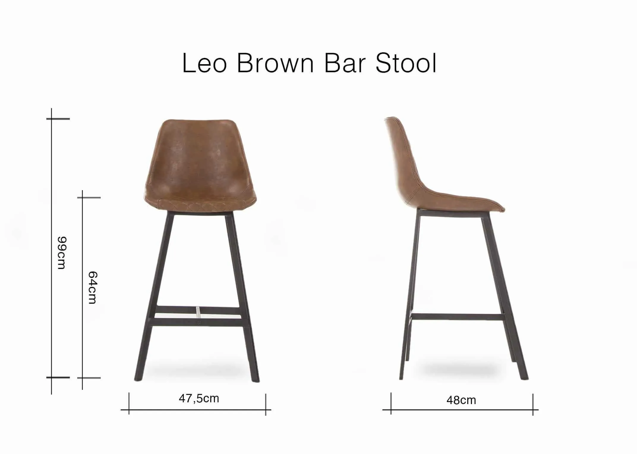 A dimension image of the Leo Brown Bar Stool with 475cm (Width) x 99cm (Height)46cm (Depth) x 9