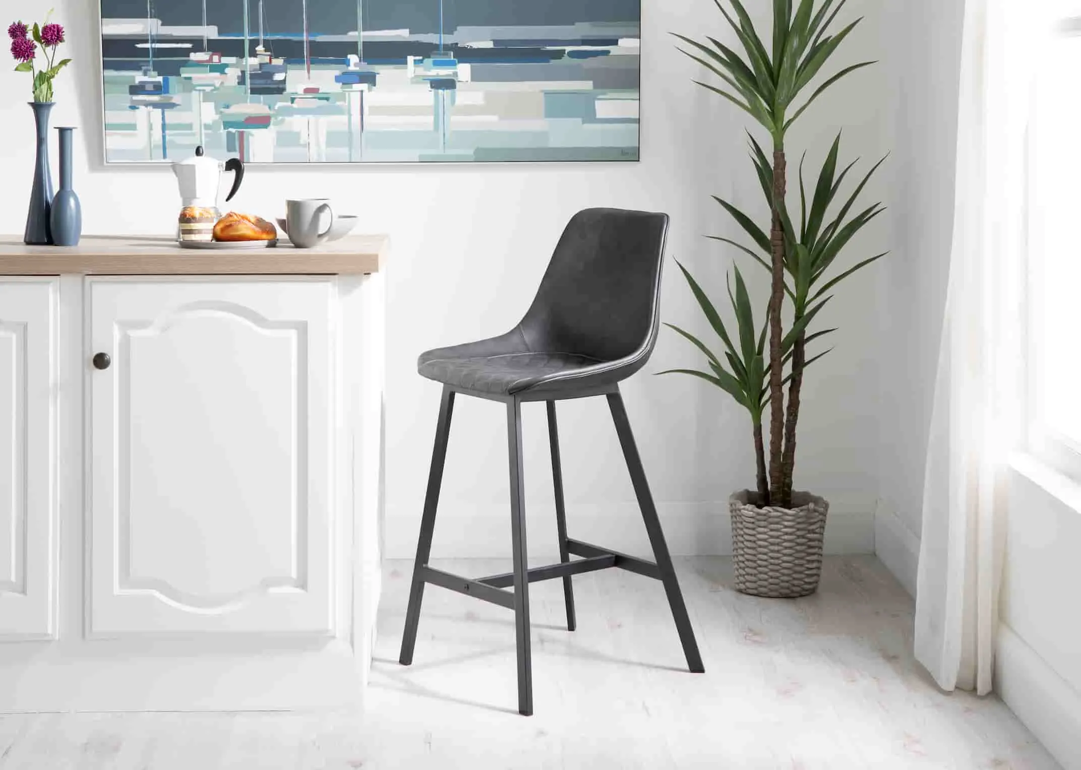 Grey Faux Leather Bar Stool - Leo