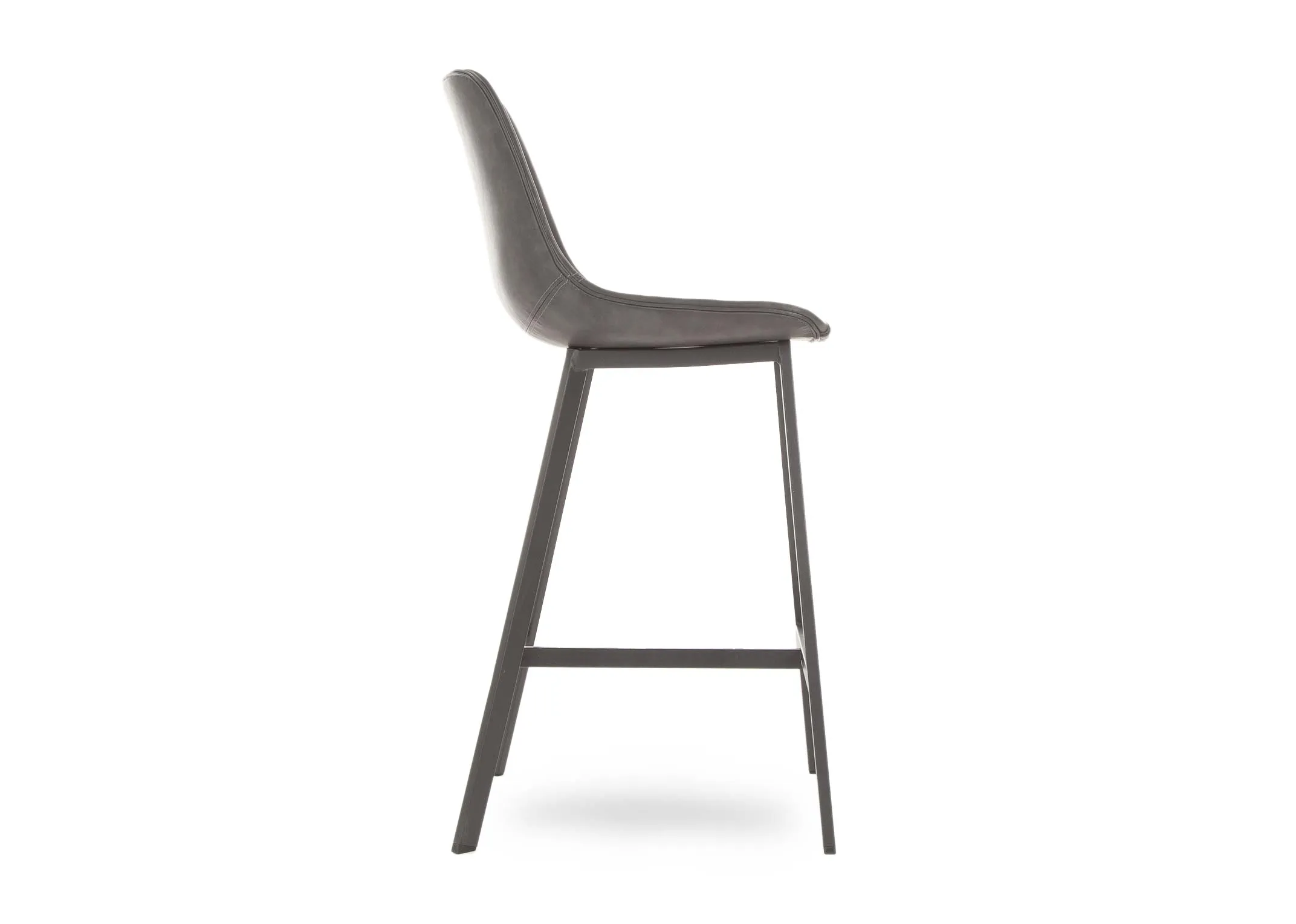 A grey faux leather seat bar stool with metal legs from EZ Living Furniture's Leo range. Side view with rung