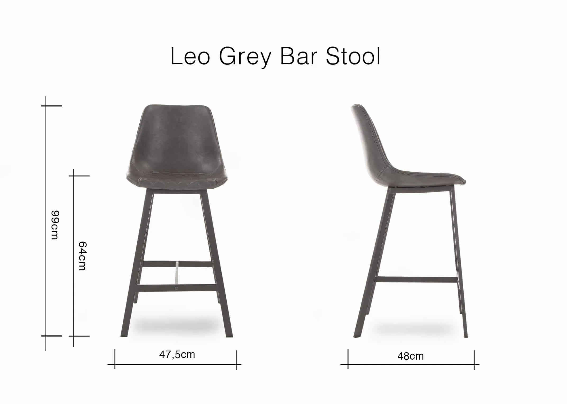 A dimension image of the Leo Grey Bar Stool with 47.5cm (Width) x 48cm (Depth) x 99cm (Height) x 64cm (Seat)