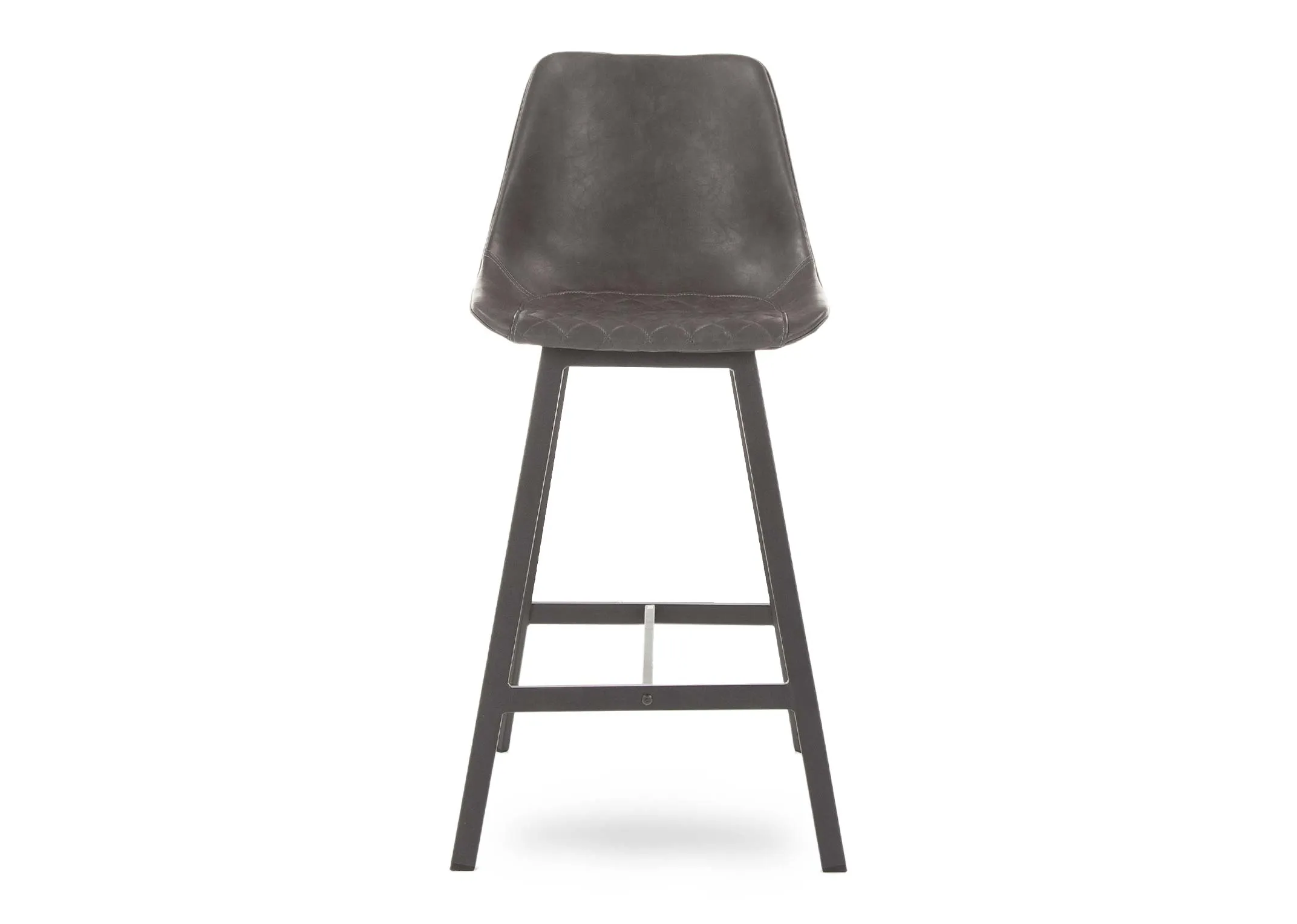 A grey faux leather seat bar stool with metal legs from EZ Living Furniture's Leo range. Front view of seat with rung