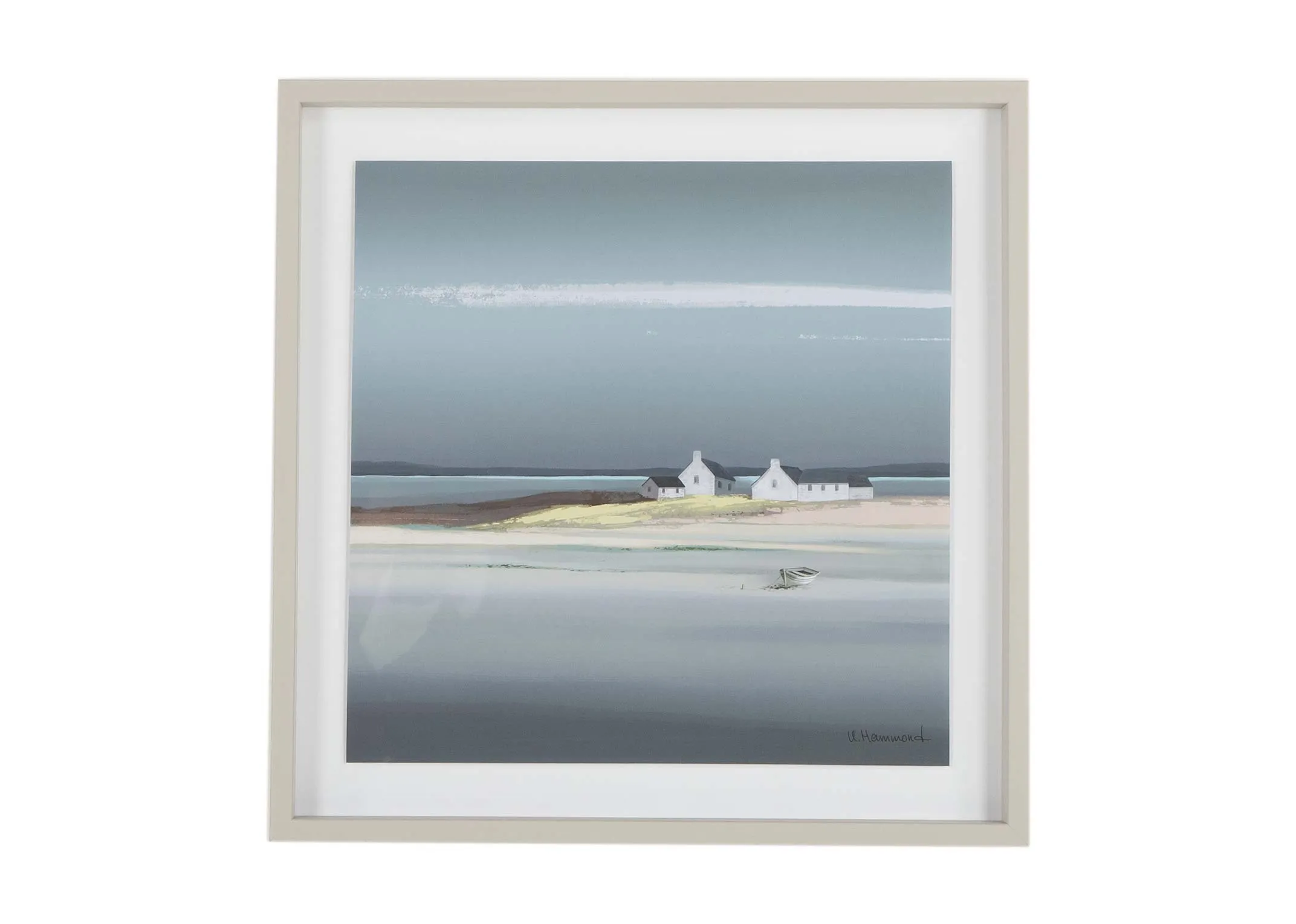 A beige framed print with a coastal landscape called Sapphire from Ulyana Hammond. Front View.