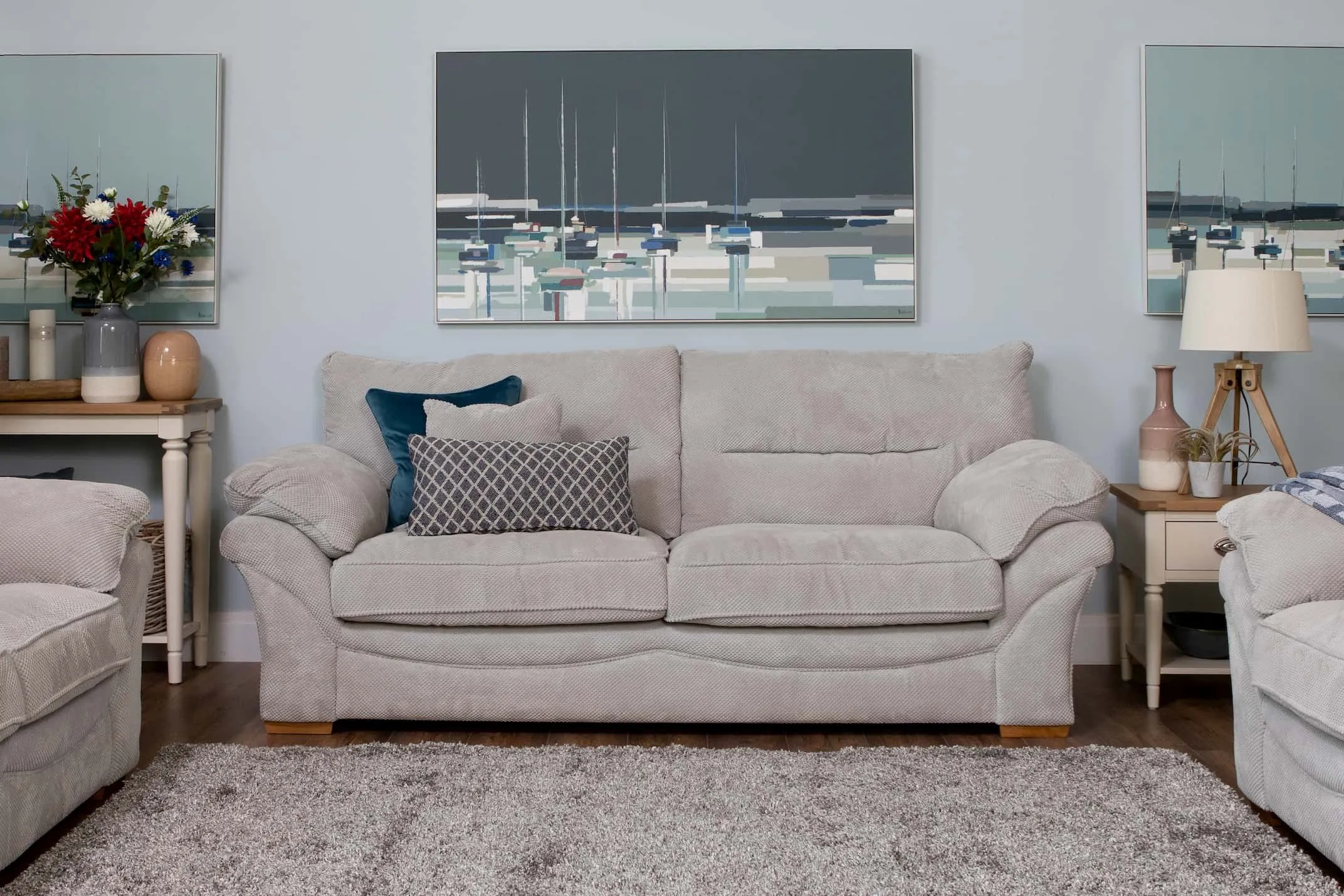A lifestyle image of Sabrina Roscino's Side by Side Canvas with the Cara Sofa & farmhouse furniture range