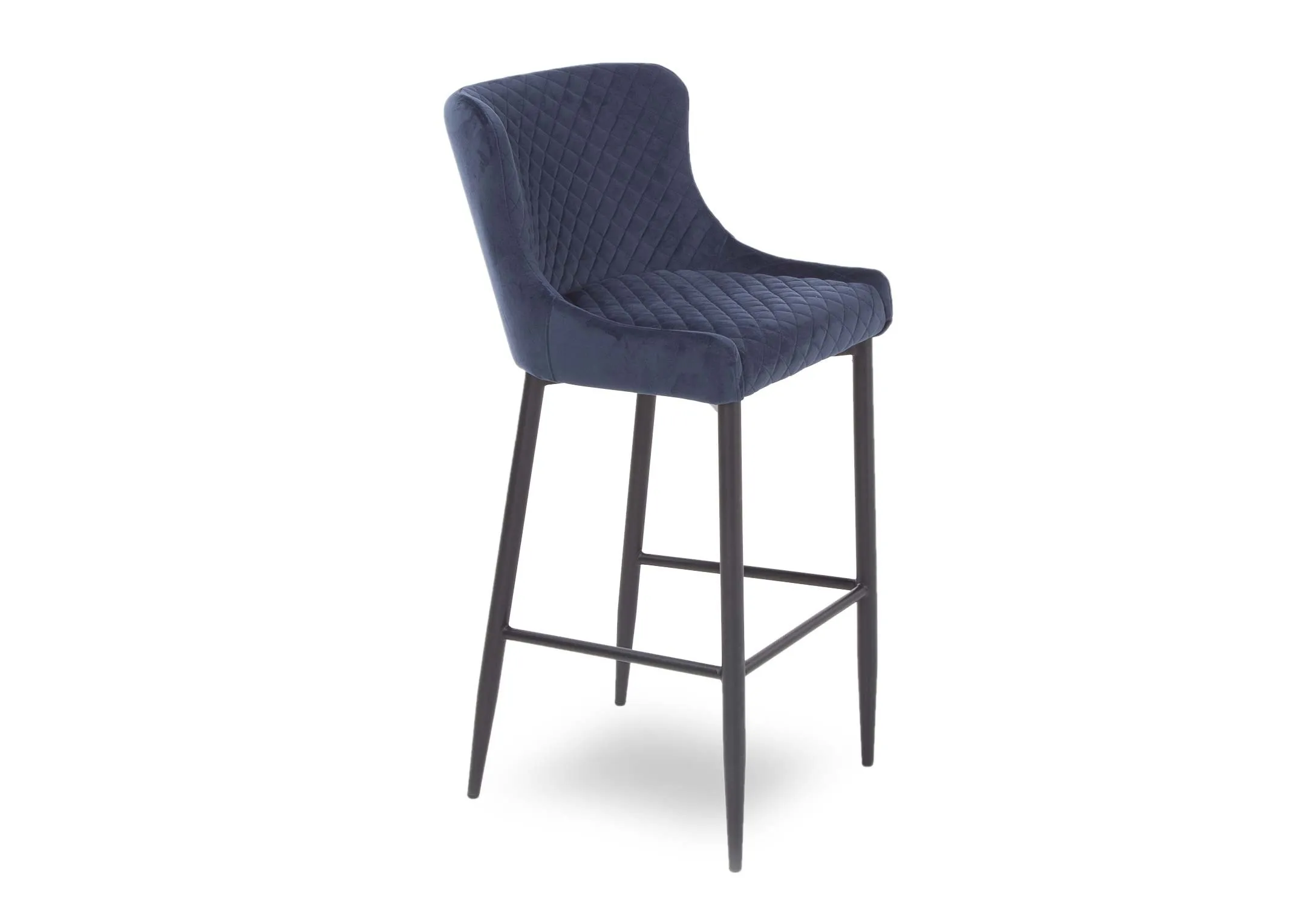 A plush blue velvet counter bar stool with black metal legs from EZ Living Furniture's Ottowa range. Angled view.