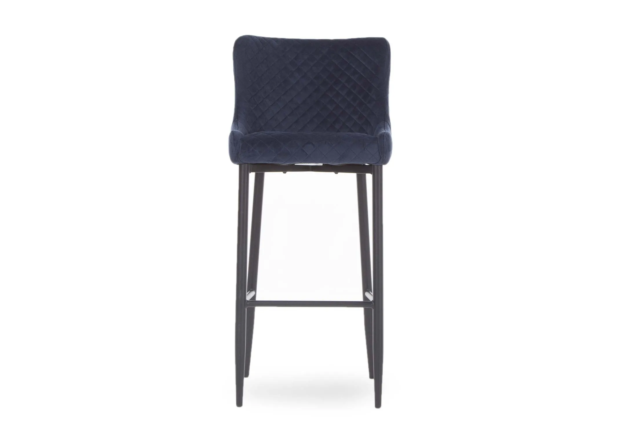 A plush blue velvet counter bar stool with black metal legs from EZ Living Furniture's Ottowa range. Front View.