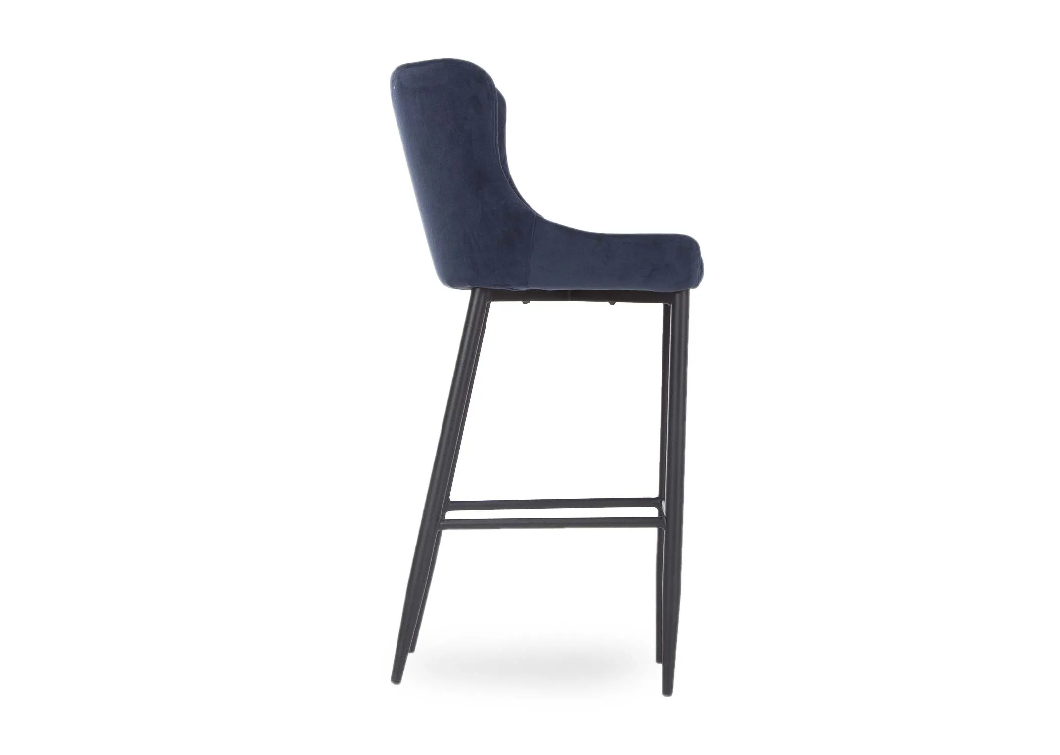 A plush blue velvet counter bar stool with black metal legs from EZ Living Furniture's Ottowa range. Side view.