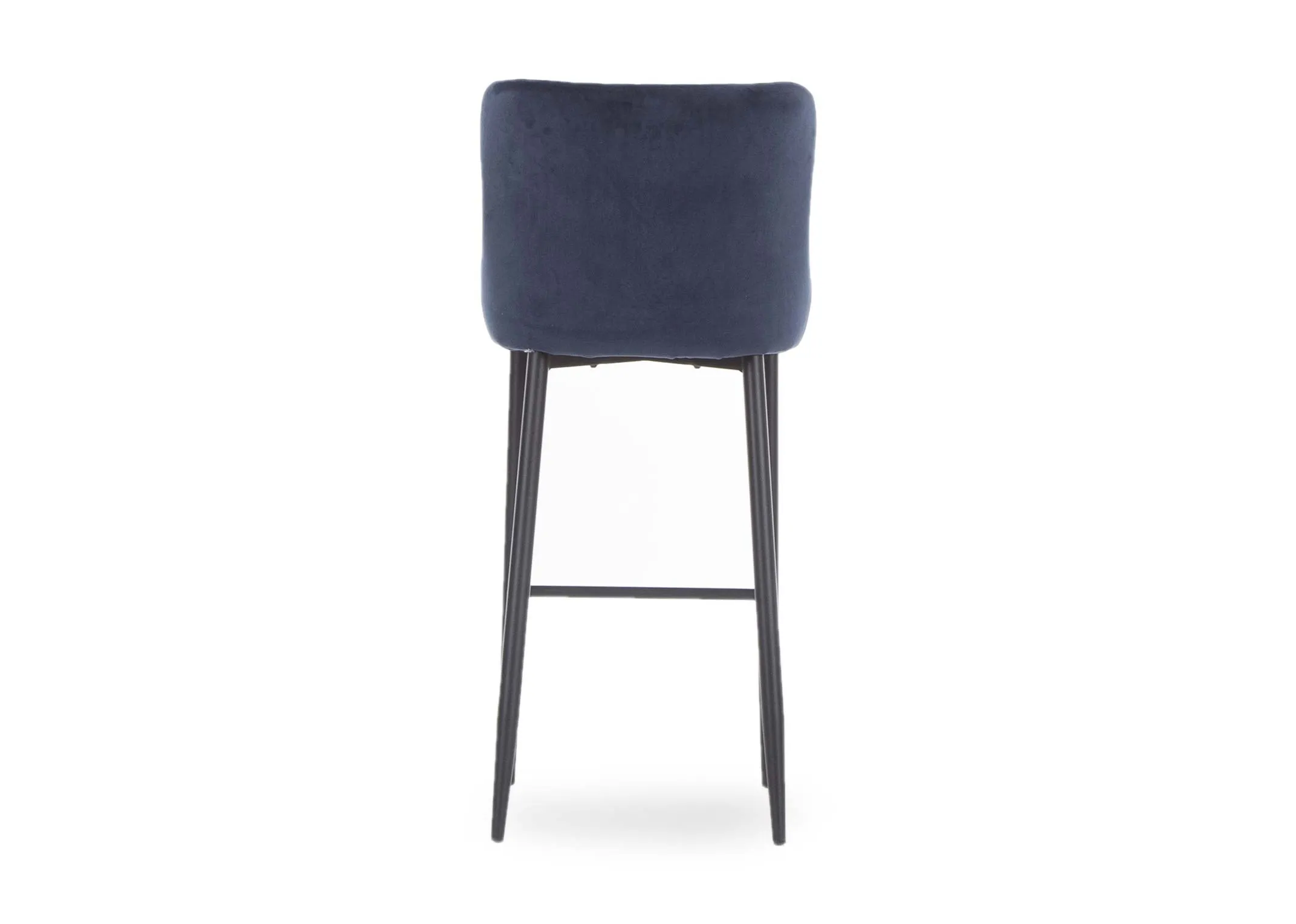 A plush blue velvet counter bar stool with black metal legs from EZ Living Furniture's Ottowa range. Back view.