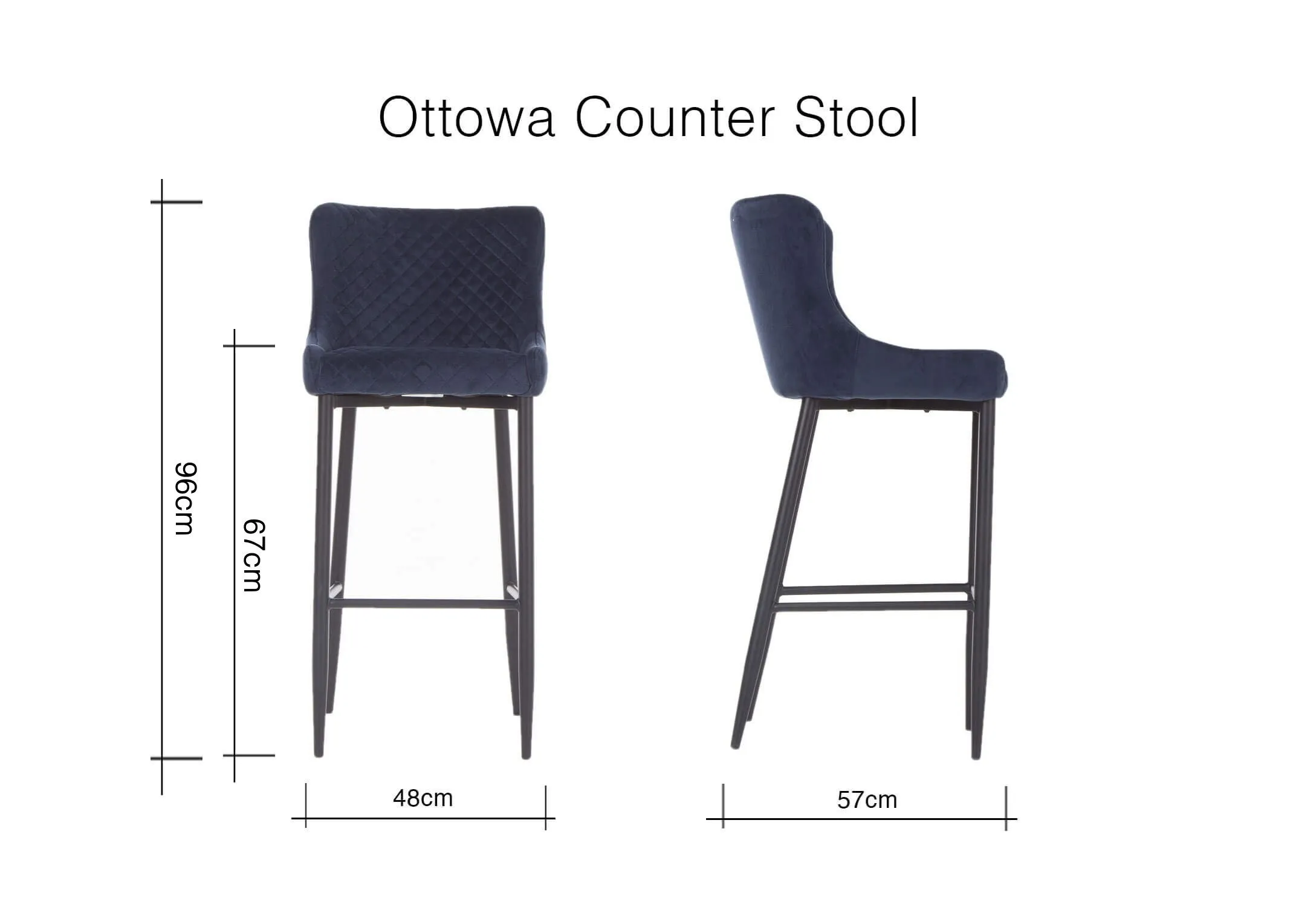 A dimension image for the Ottowa Blue Velvet Counter Bar stool with 48cm (Width) x 96cm (Height) x 57cm (Depth)