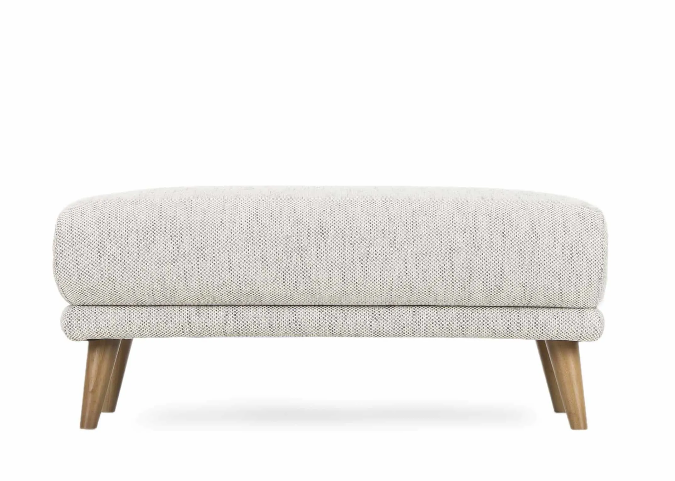 A light grey accent fabric footstool with light wood feet from EZ Living Furniture's Legend Range. Front view