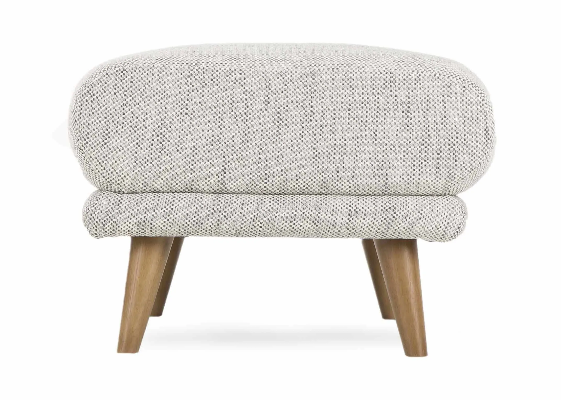 A light grey accent fabric footstool with light wood feet from EZ Living Furniture's Legend Range. Side view showing depth