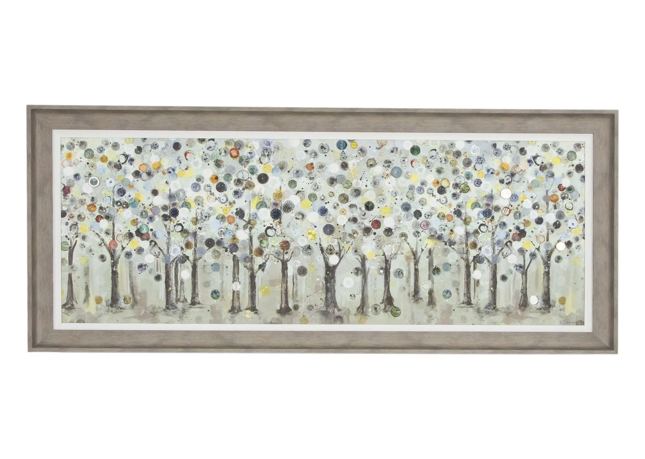 A framed print of woodland trees in earthy tones with a grey frame from Ulyana Hammond. Front view.