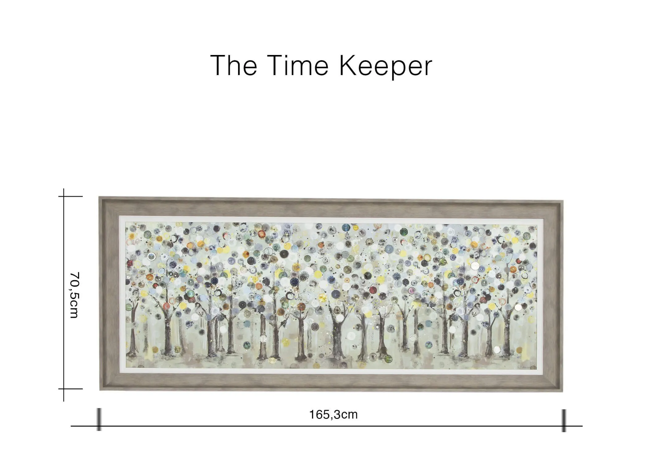 A dimension image for Ulyana Hammond's Time Keeper Framed print with 165cm (Width) x 70.5cm (Height)