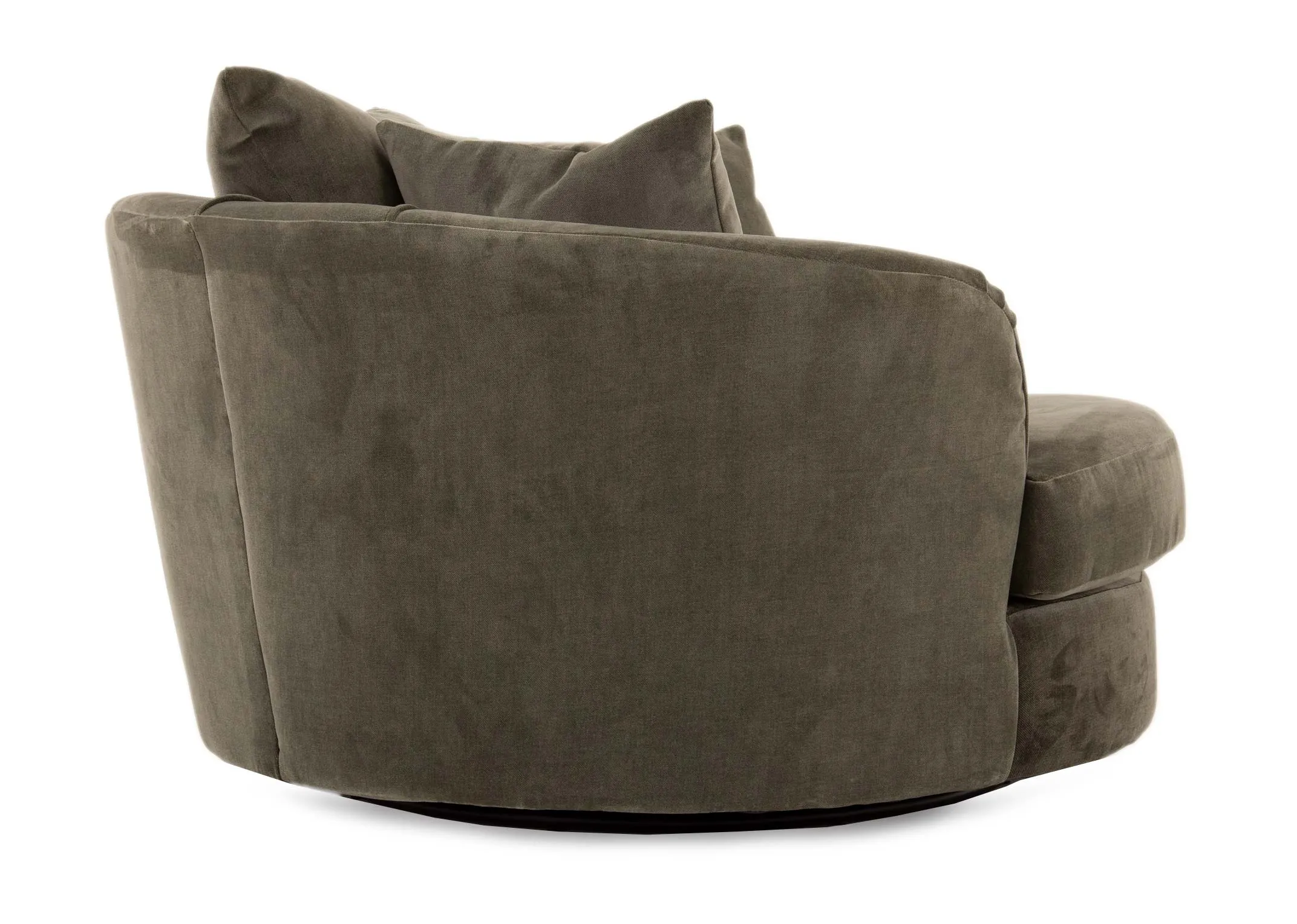 A green fabric swivel cuddler from EZ Livings Lucius range. Side view of fabric finish