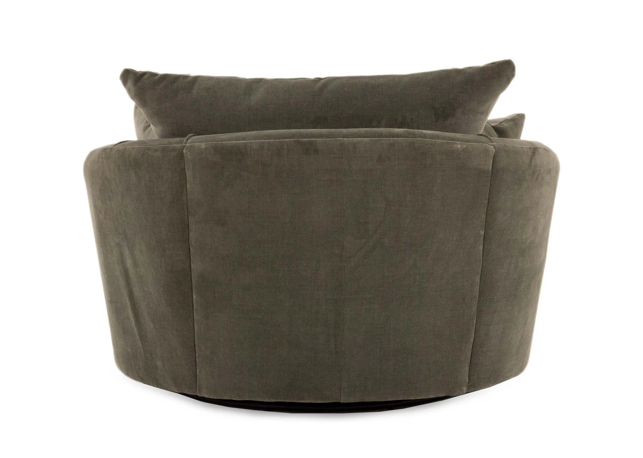 A green fabric swivel cuddler from EZ Livings Lucius range. Back view of arched frame