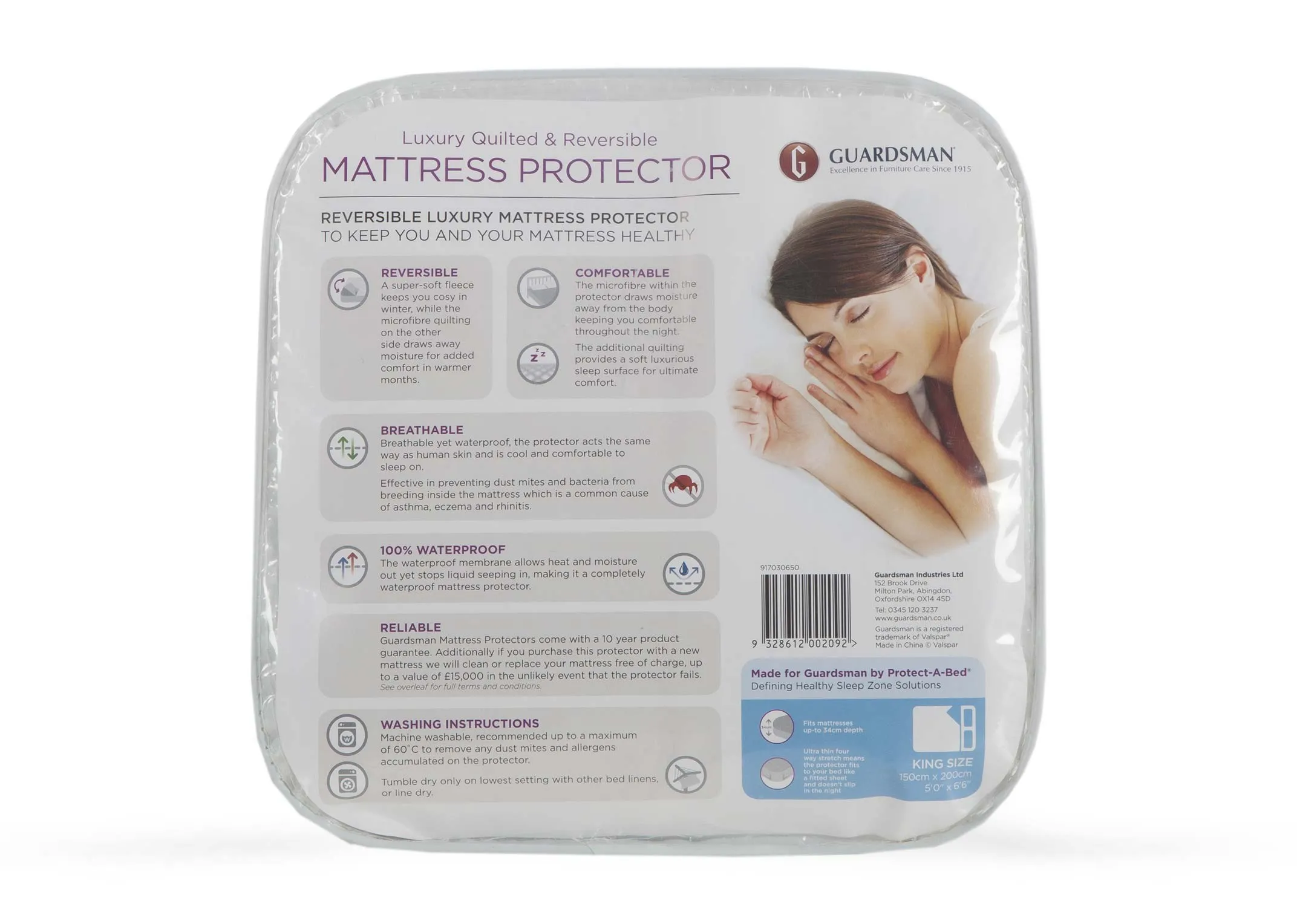 A luxury mattress protector in King Size (5ft) from EZ Living Furniture's Guardsman range. Back view of the packaging.