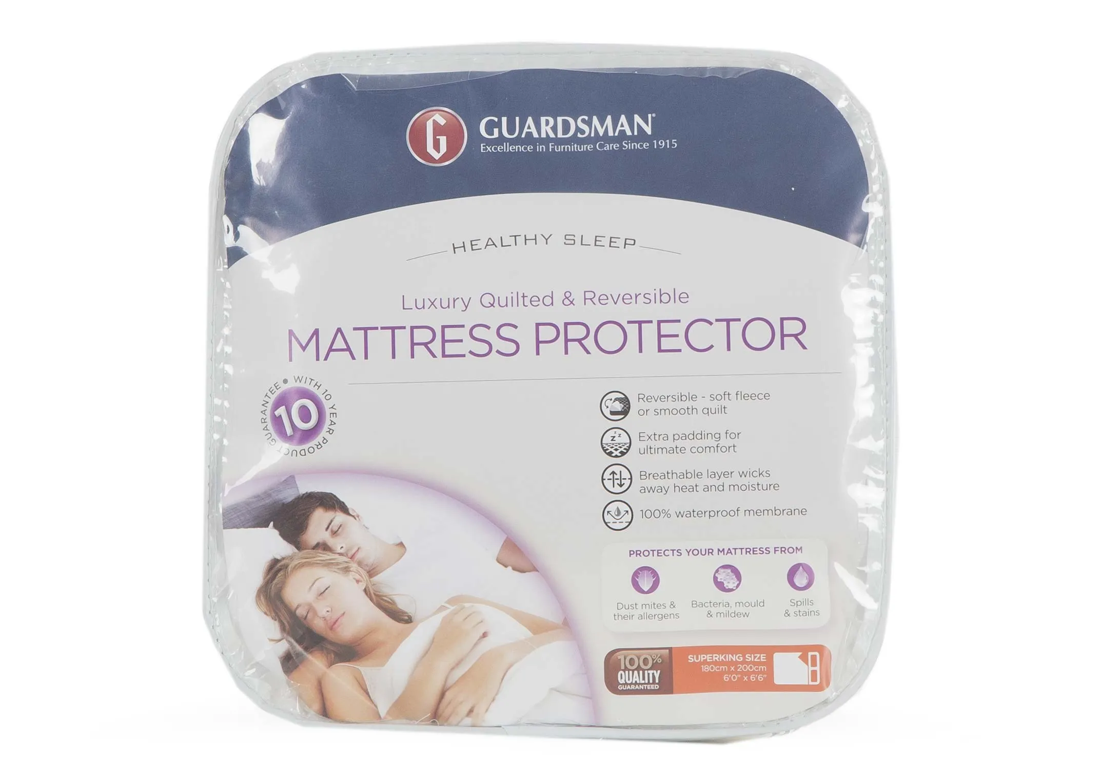 A luxury mattress protector in Super King (6ft) from EZ Living Furniture's Guardsman range. Front view of packaging.