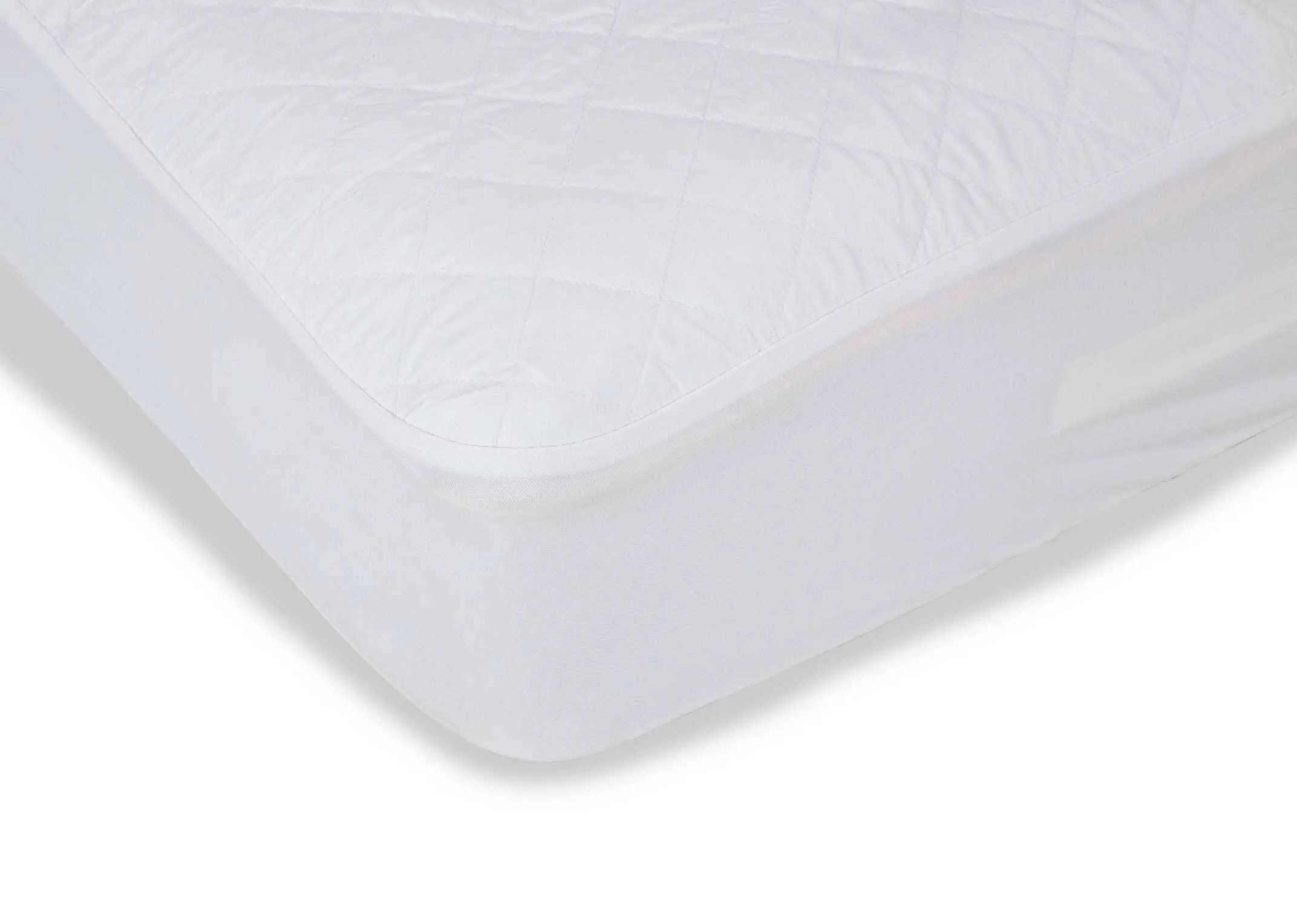 A luxury mattress protector on a Super King mattress from EZ Living Furniture's Guardsman range. Closeup view of edge fitting