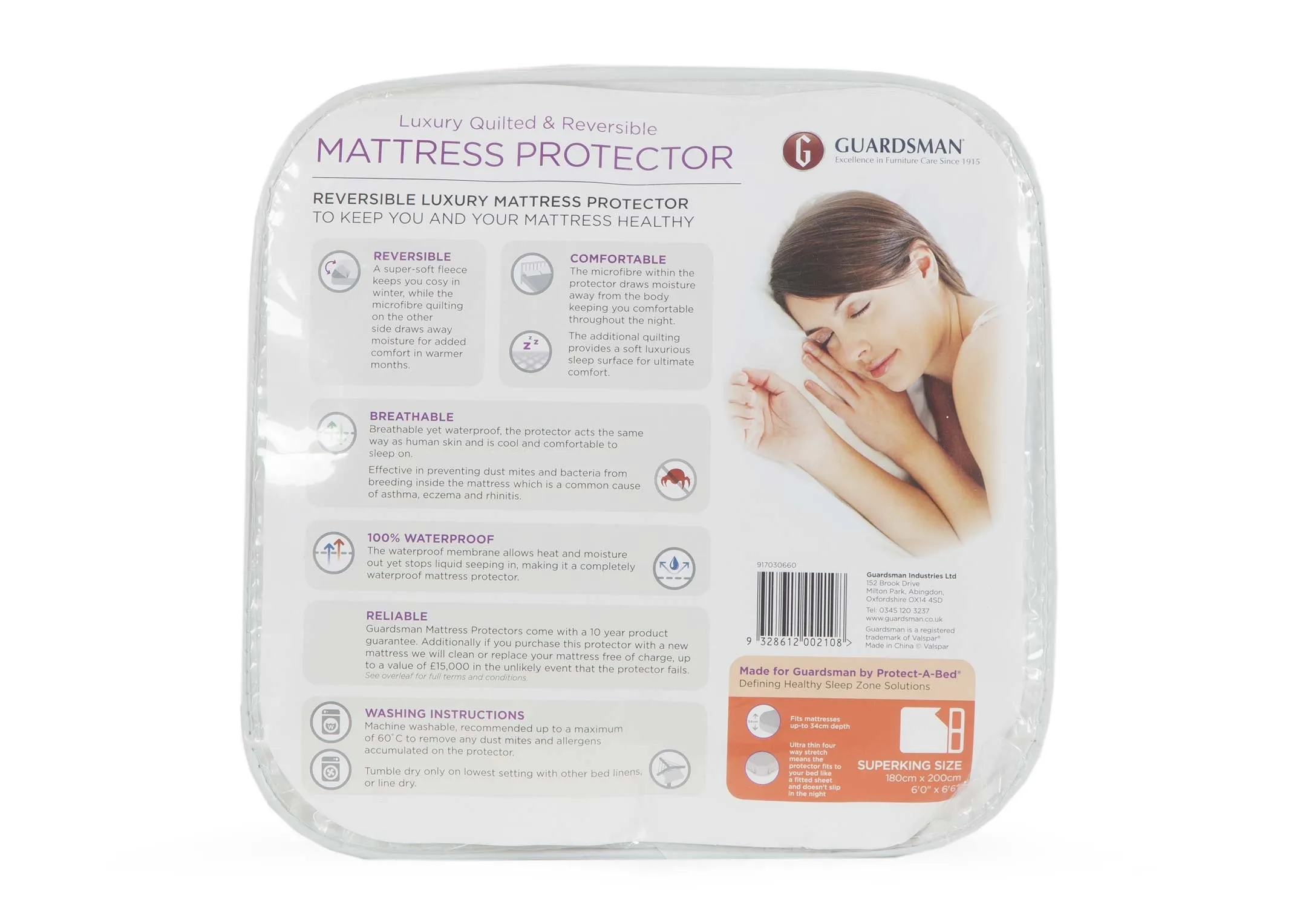 A luxury mattress protector in Super King (6ft) from EZ Living Furniture's Guardsman range. Back view of packaging.