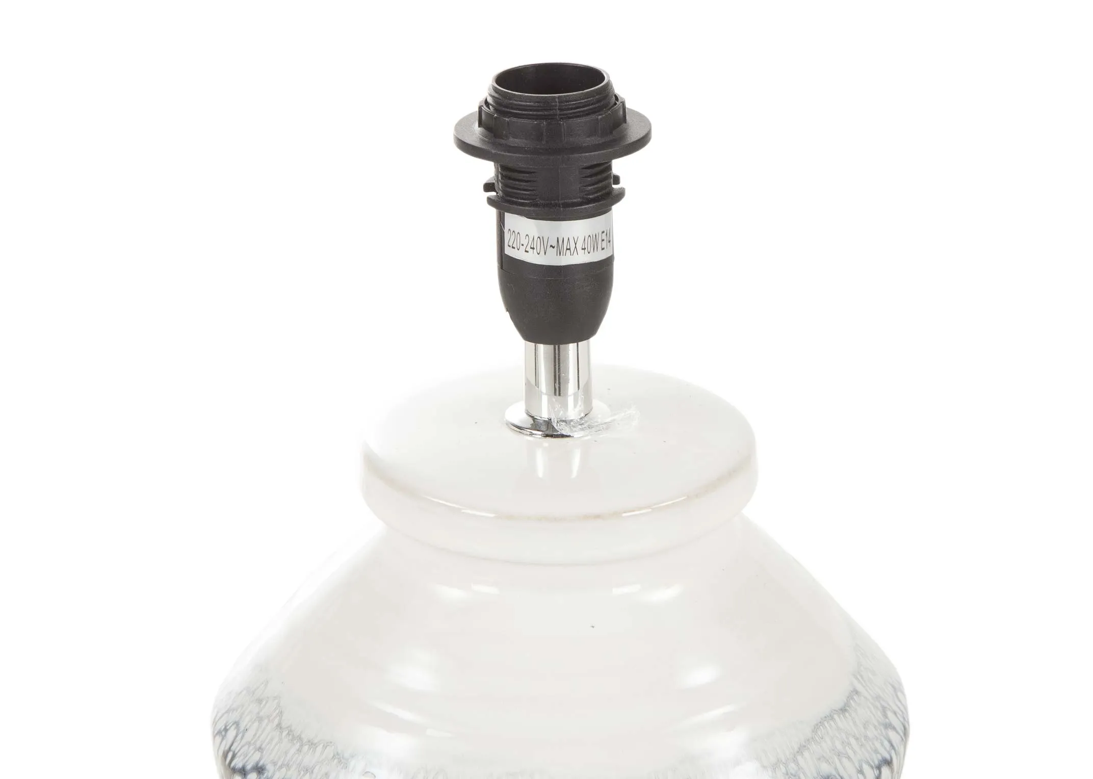 A light grey & white ceramic lamp base with white shade from EZ Living Furniture's Moy range. Closeup of E14 fitting