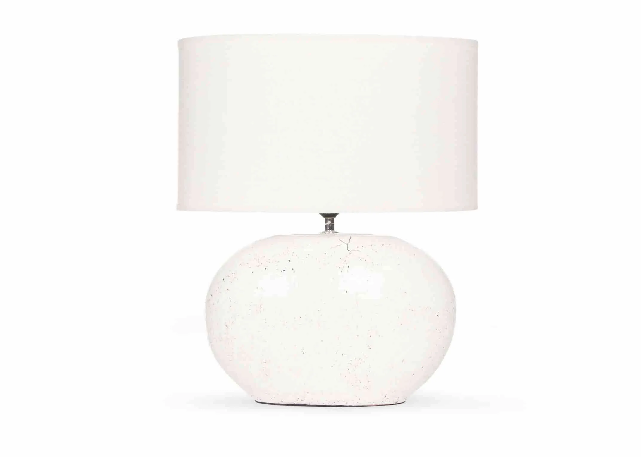 A light white thin ceramic lamp base with white shade from EZ Living Furnitures Corrib range. Front view of lamp.