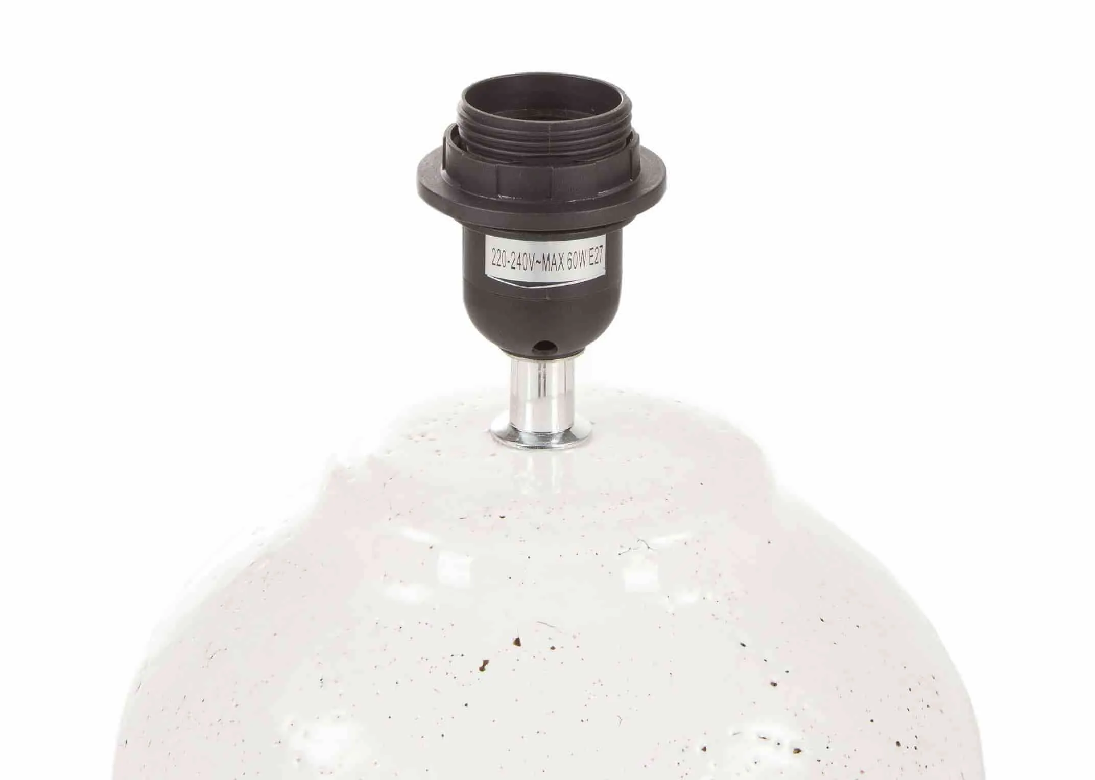 A white & light grey ceramic lamp base with white shade from EZ Living Furniture's Boyne range. Closeup of E27 light fitting