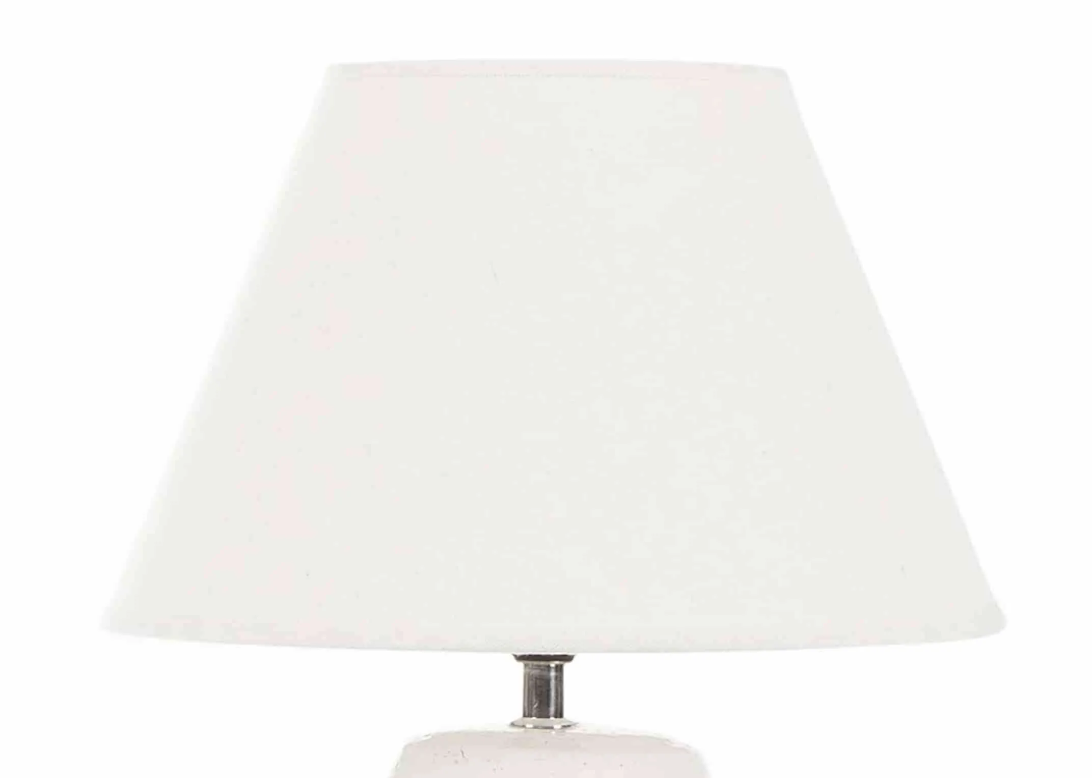 A white & light grey ceramic lamp base with white shade from EZ Living Furniture's Boyne range. Closeup of white shade