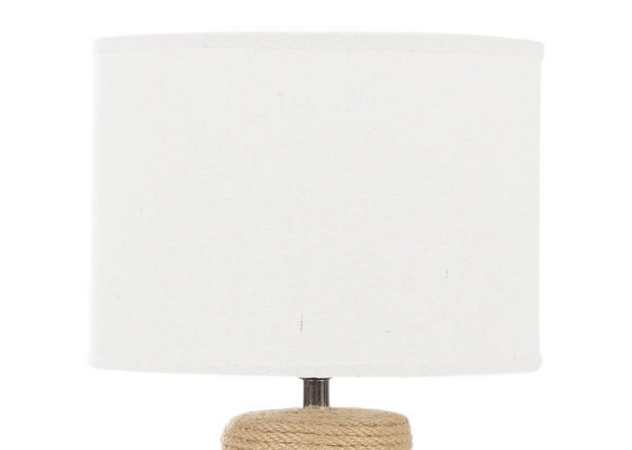 A light woven ceramic lamp base with & linen shade from EZ Living Furniture's Slaney range. Closeup of barrel shade