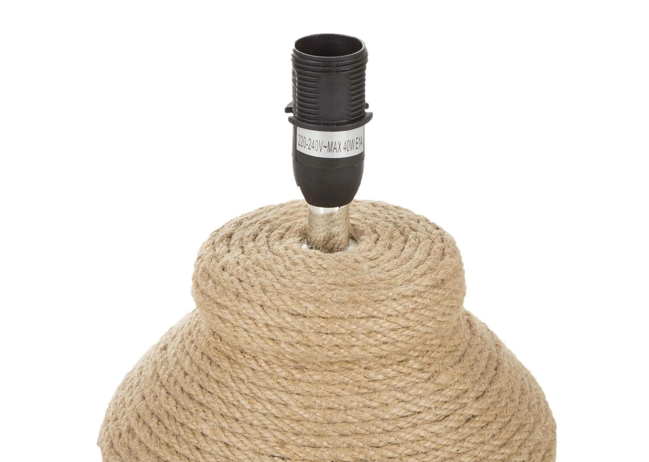 A light woven ceramic lamp base with & linen shade from EZ Living Furniture's Slaney range. Closeup of E14 fitting