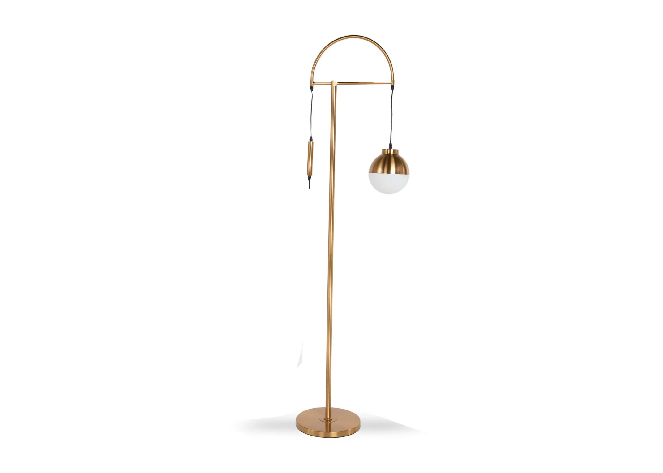 A floor lamp in metallic gold with a drooping white orb from EZ Living Furnitures Casper range. View from the side
