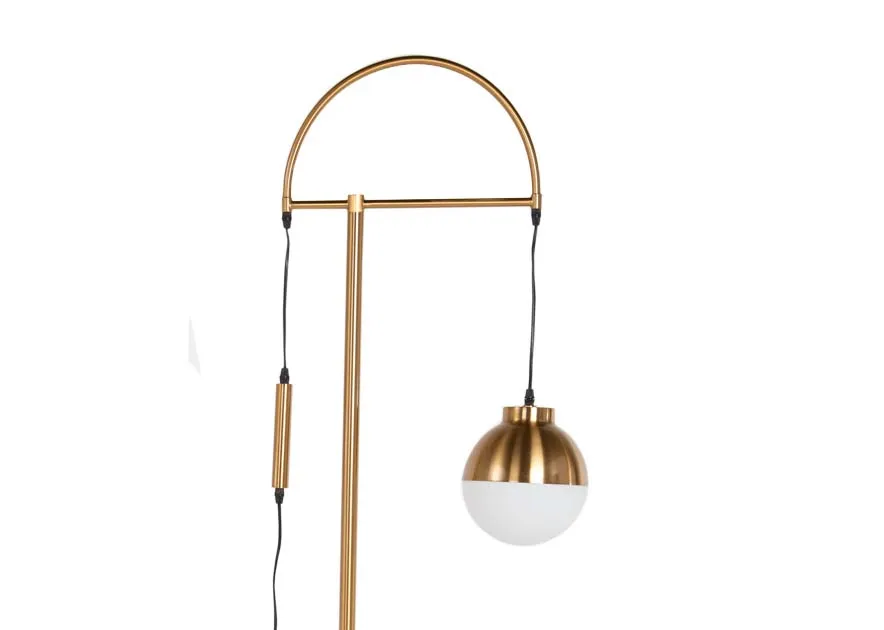 A floor lamp in metallic gold with a drooping white orb from EZ Living Furnitures Casper range. Front view