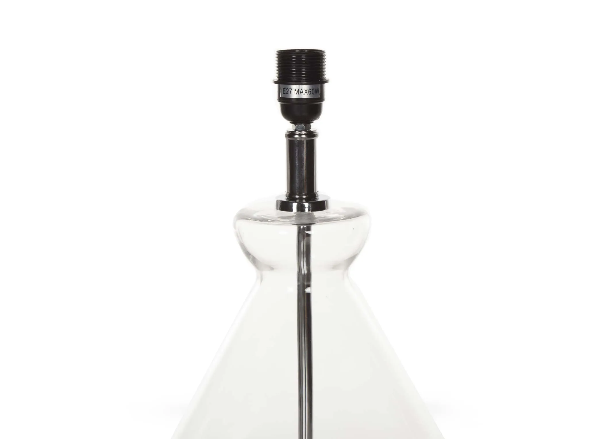 A clear based table lamp with silver fittings & grey barrel shade from EZ Living Furnitures Bree range. Closeup of lamp fit