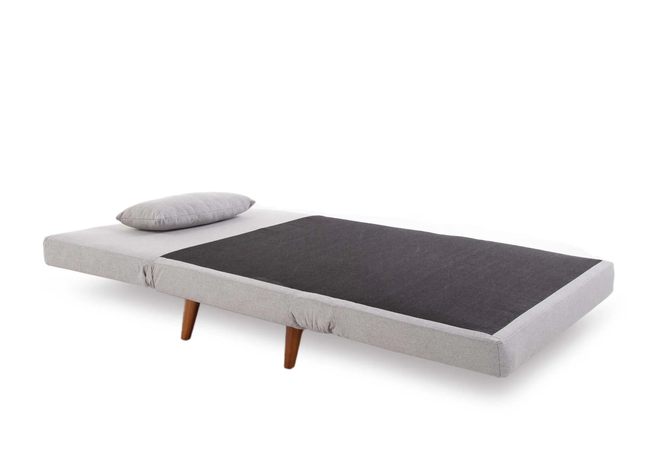 A single armless grey fabric sofa bed from EZ Living Furniture's Zara range. Angled view of bed folded out