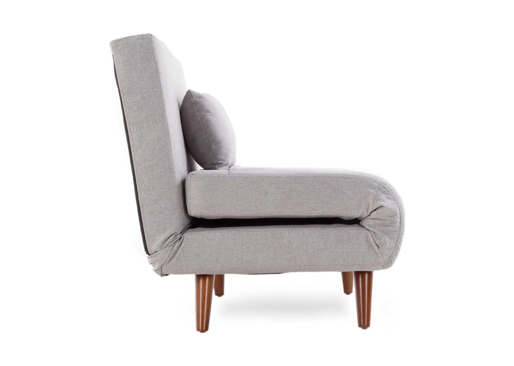 A single armless grey fabric sofa bed from EZ Living Furniture's Zara range. Side view of cushion folded sofa