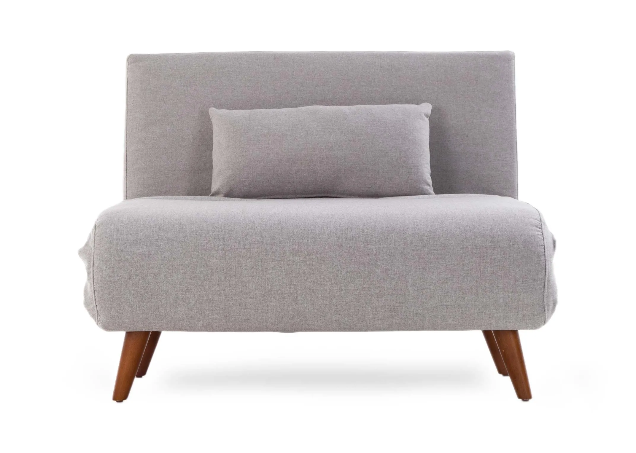 A single armless grey fabric sofa bed from EZ Living Furniture's Zara range. Front view of scatter cusjion/pillow