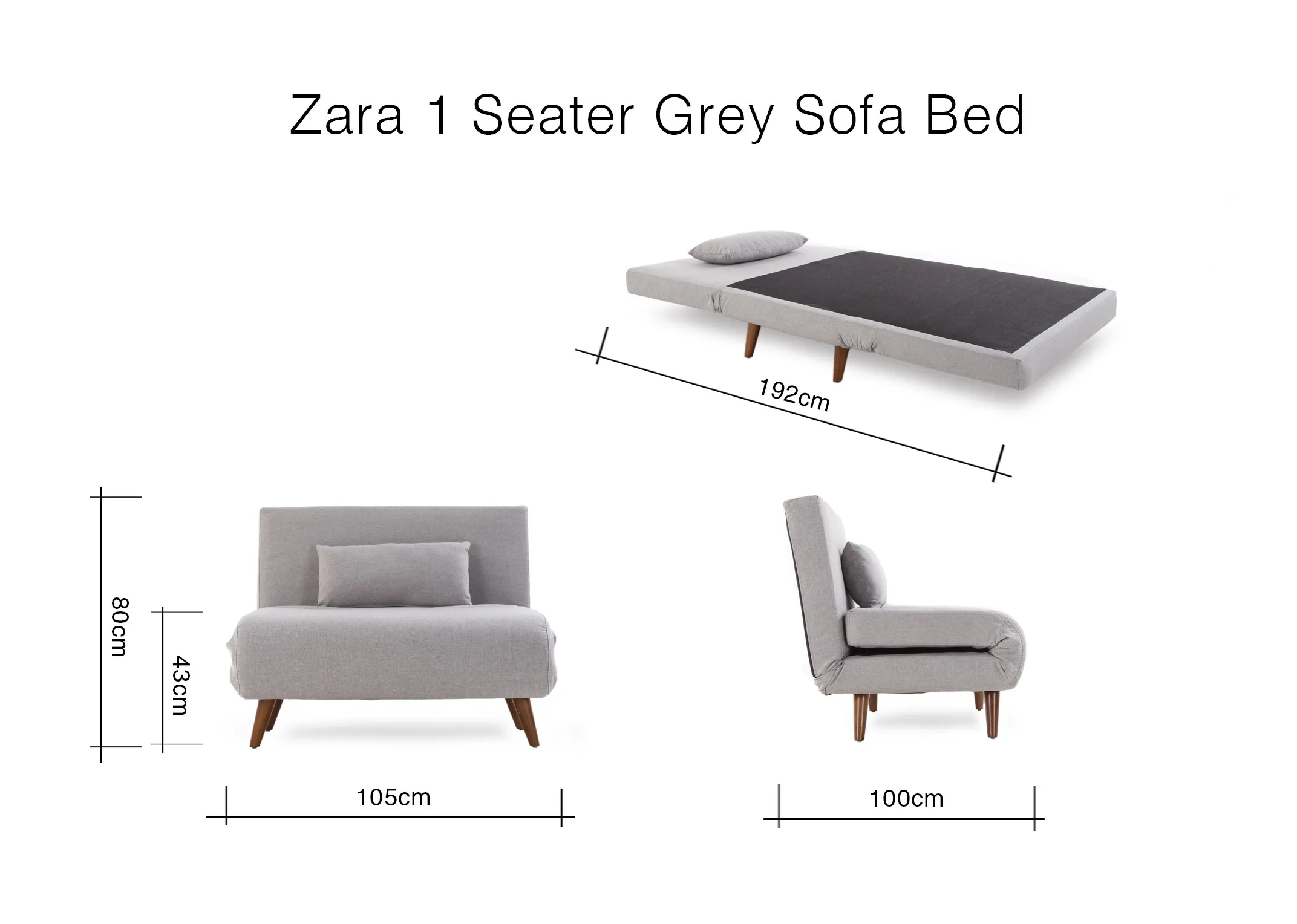A dimnesion image of the Zara Grey Sofa Bed with 105cm (width) x 100-193cm (length) x 80cm (height)