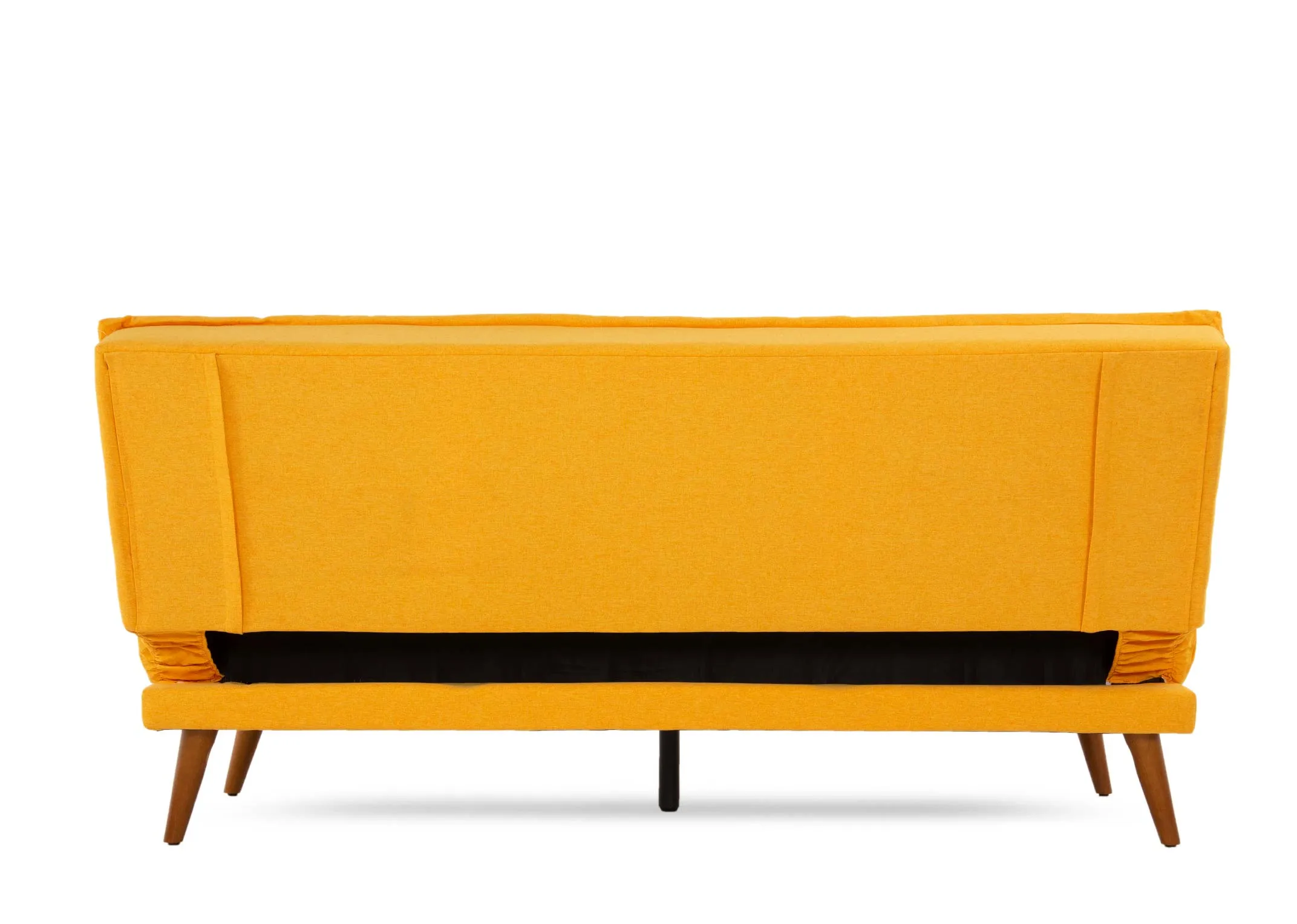 A bright yellow sofa bed from EZ Livings Seattle range. Back view shows where sofa folds into bed