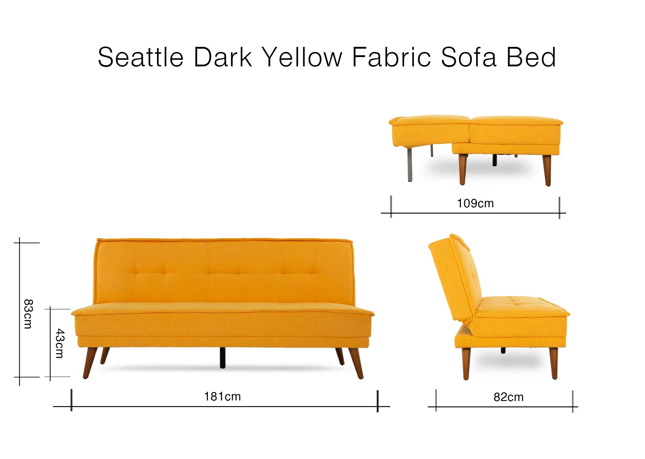 A dimension image of the Seattle Yellow Sofa bed with 181cm (Width) x 82cm-109cm (Depth) x 83cm (Height)